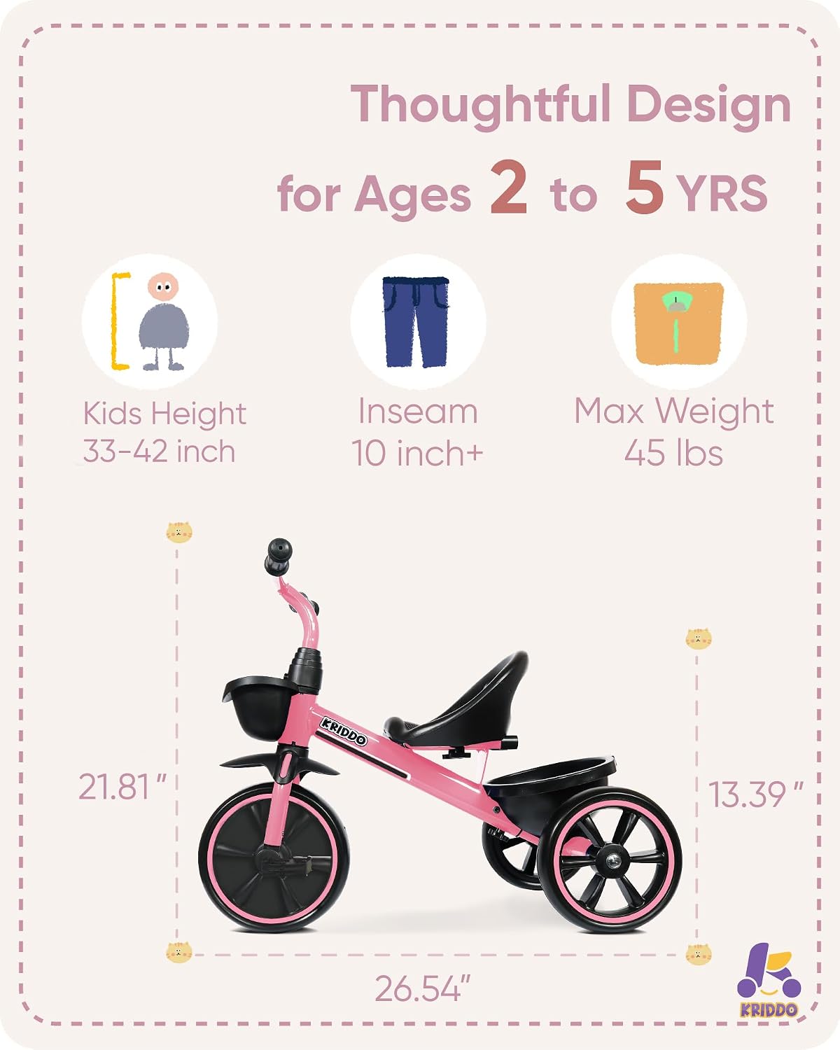 Thumbnail 2 de KRIDDO Kids Tricycle: 24 Months to 5 Years, Pink