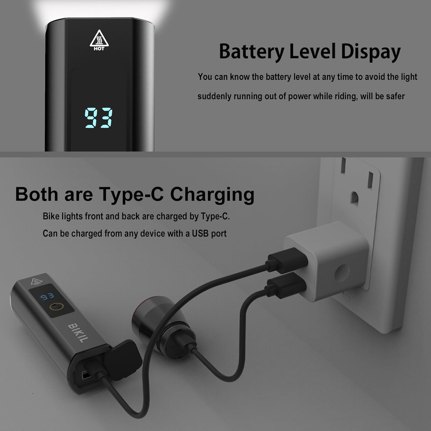 Detalle 2 de BIKIL Luci Bicicletta Led: Fanale anteriore e posteriore in lega di alluminio, 5000 mAh, ricaricabili USB-C