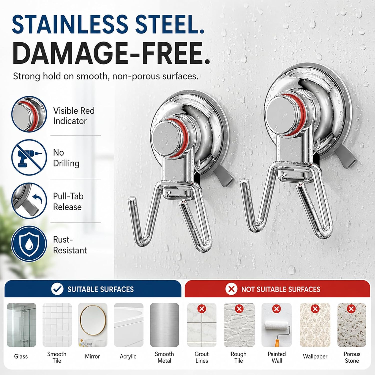 Detalle de chilinii CPH019 Suction Cup Dual Hooks, Stainless Steel, Red Indicator, 2-Pack