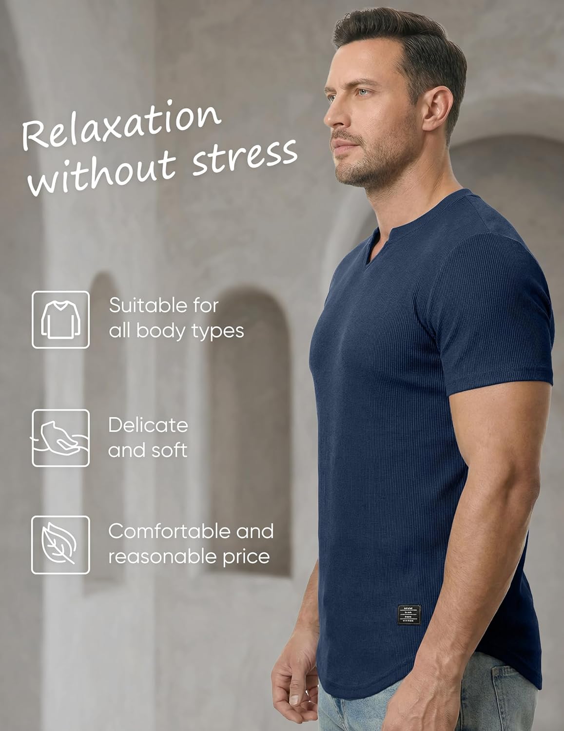 Thumbnail 4 de JMIERR Men's Muscle Slim Texture V Neck Longline Henley Tee