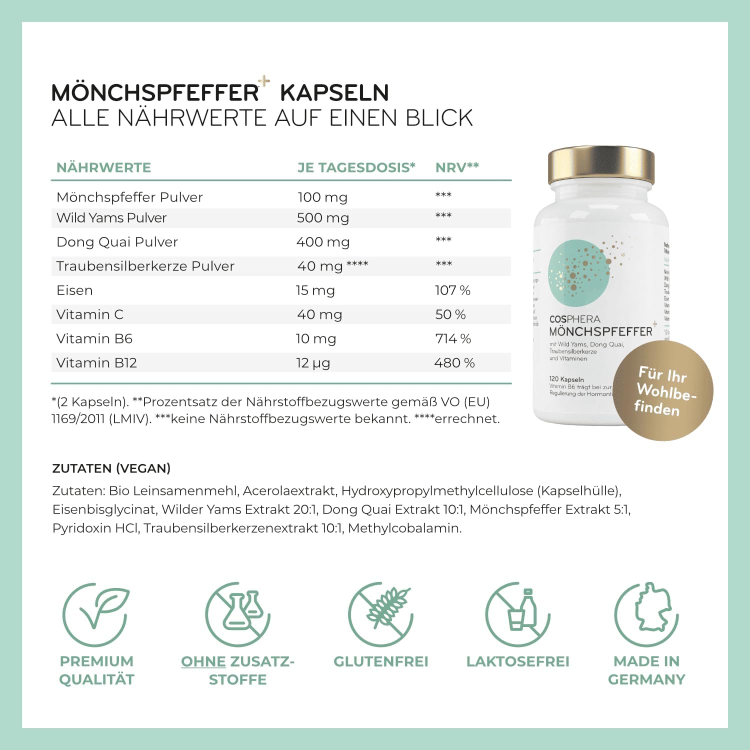 Detalle 1 de Mönchspfeffer Kapseln hochdosiert (120 Kapseln) – 100 mg Tagesdosis, vegan & mit Vitamin C/B6/B12, Eisen und Pflanzenextrakten