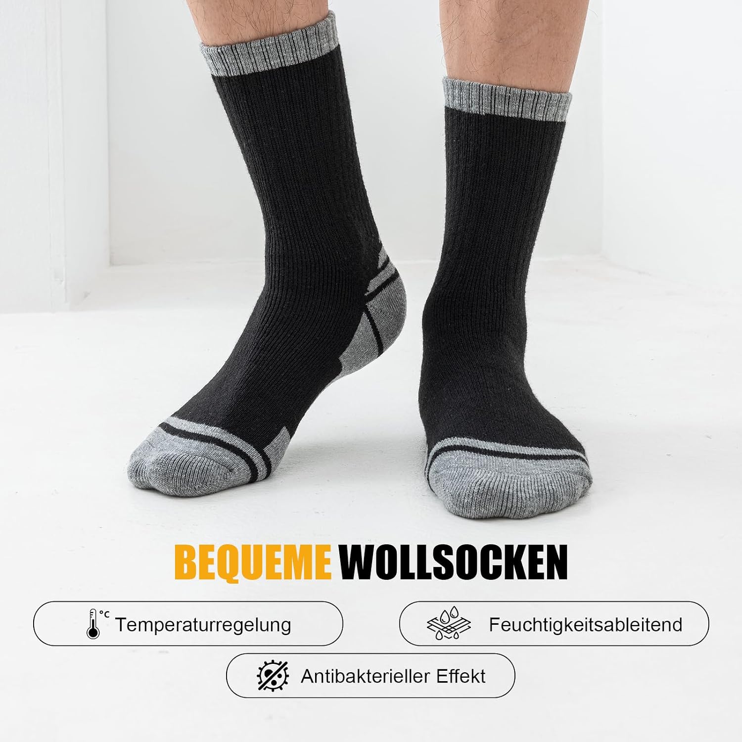 Detalle de Stoeury Merino Socken Herren Damen – Dicke Wandersocken mit gepolsterter Anti-Blasen-Wollsocke, 3 Paar