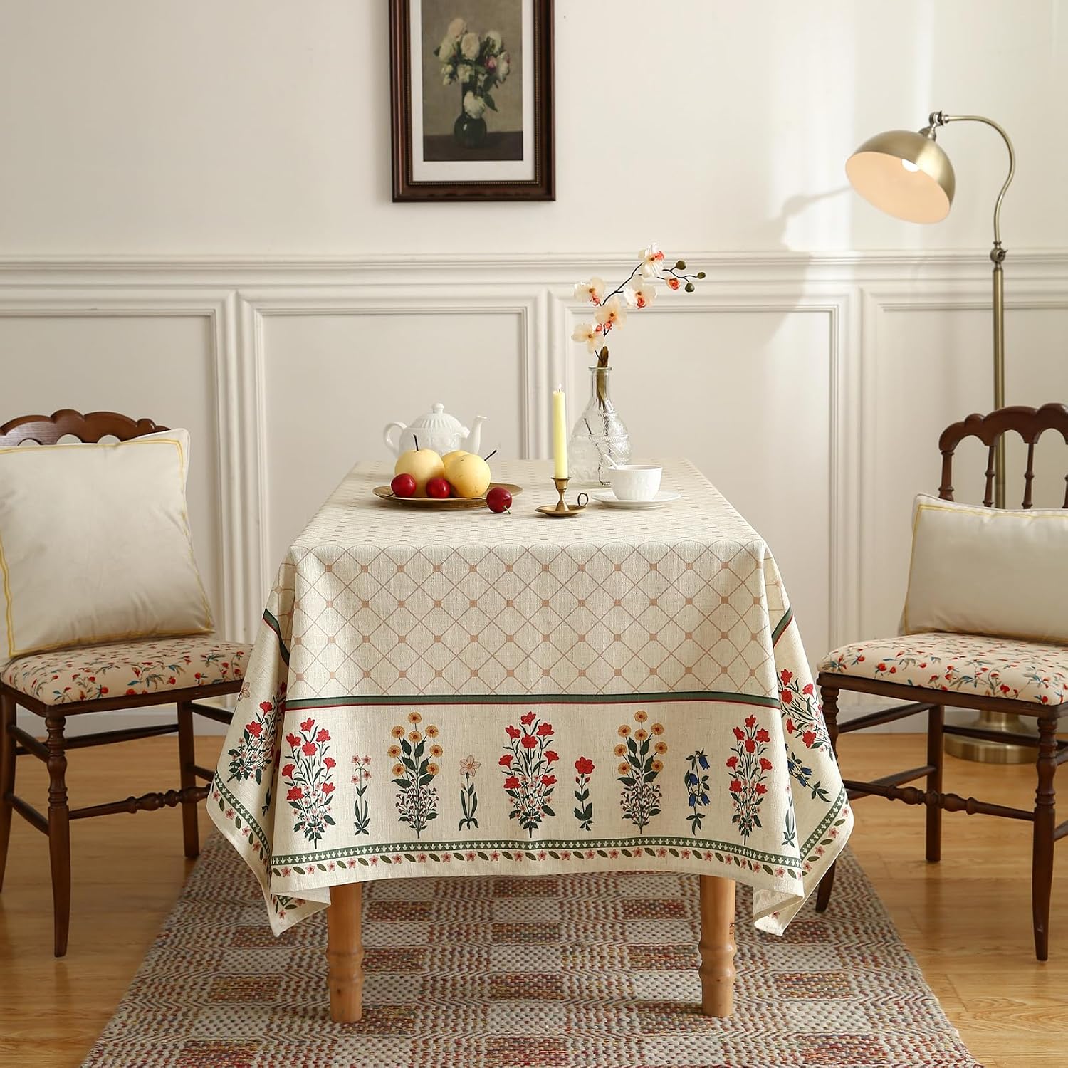 Detalle de ISAENNE Designer French Linen Rectangular Tablecloth, 110x63 inches – Bertina E, Floral Pattern