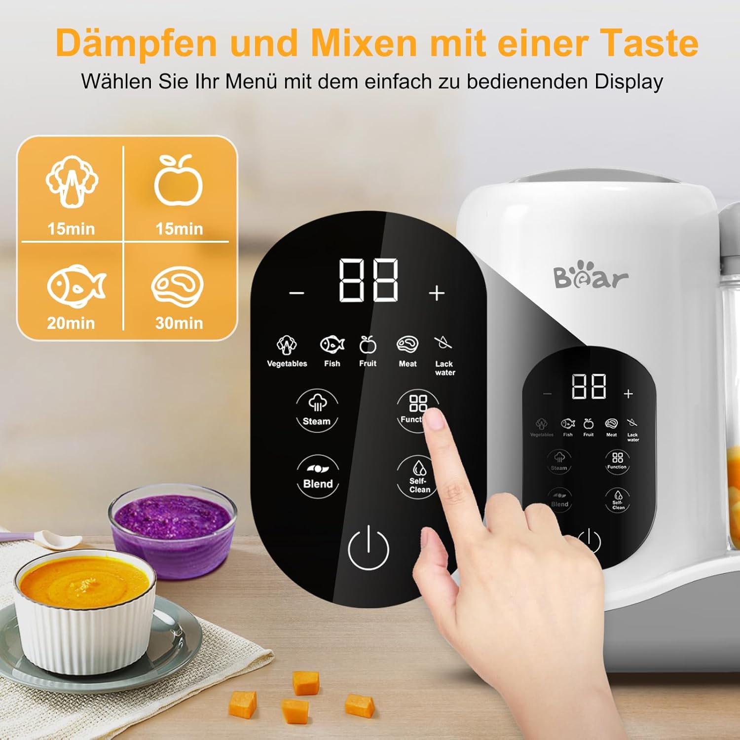 Thumbnail 1 de Bear Babynahrungszubereiter,Eine Stufe Baby Food Maker Dampfgarer Mixen,Automatisches Kochen & Zerkleinern,Babybrei Zubereiter mit Selbstreinigungsfunktion,Weiß