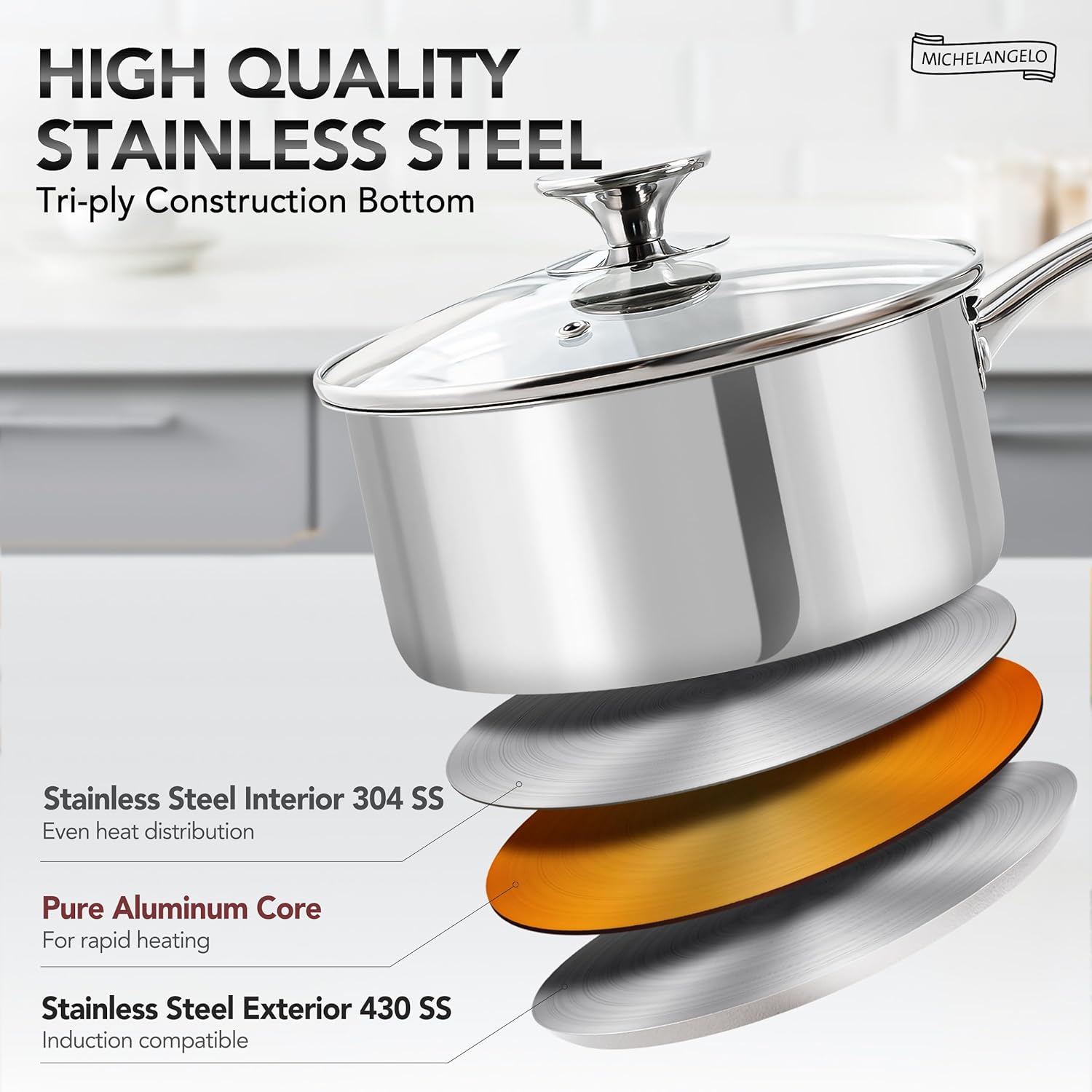 Detalle 2 de MICHELANGELO Stainless Steel Saucepan Set 3QT