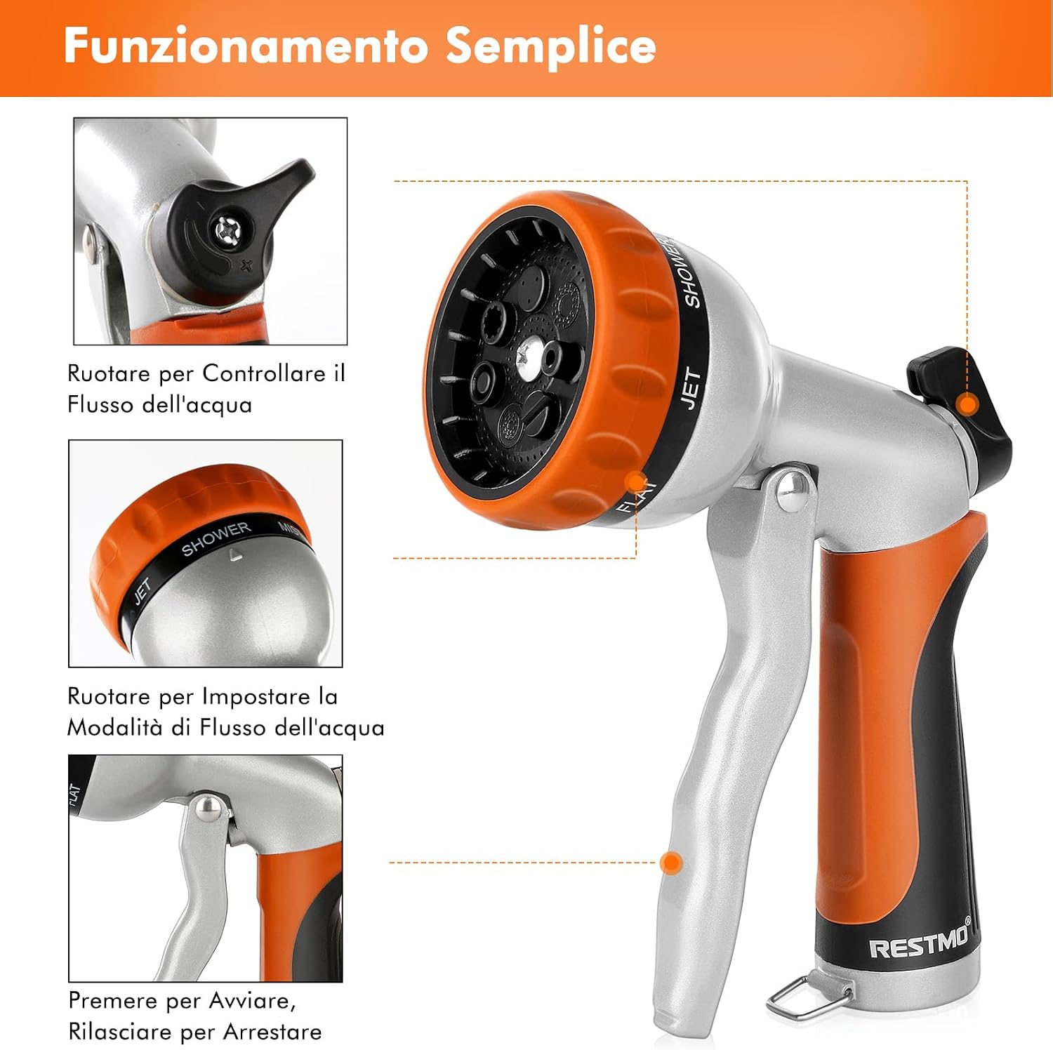 Thumbnail 3 de RESTMO Pistola Irrigazione Giardino: 7 Modelli in Metallo con Controllo Flusso e Connettore Rapido
