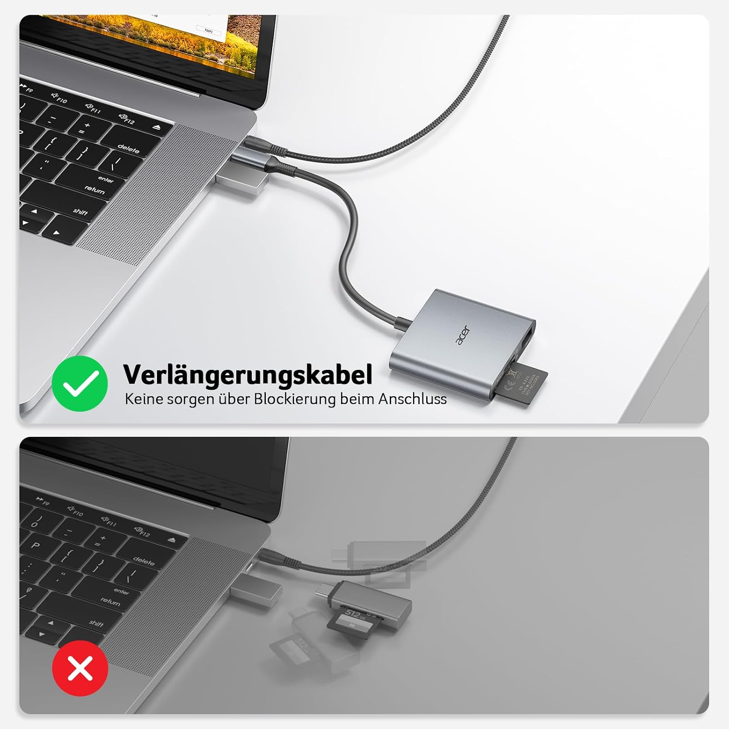 Detalle de acer USB-C SD Kartenleser mit Typ-A 3.0 – Aluminium, Zwei Karten, USB-C OTG