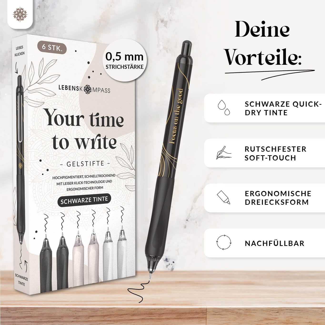 Thumbnail 2 de LEBENSKOMPASS Gelstifte Set Schwarz 0,5 mm – 6 Stück