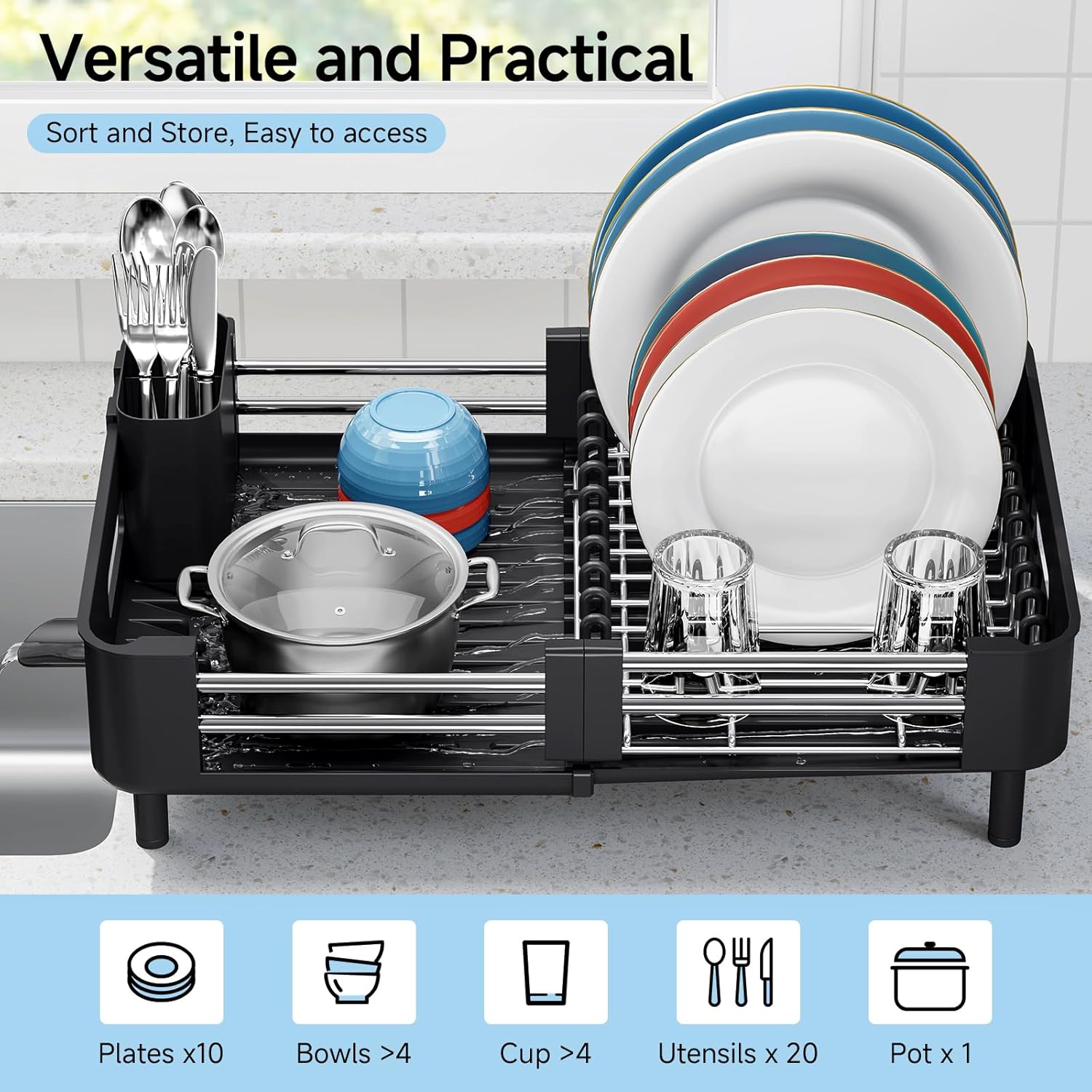 Detalle 2 de KINGRACK extendable dish drainer rack with removable cutlery holder (stainless steel, black)