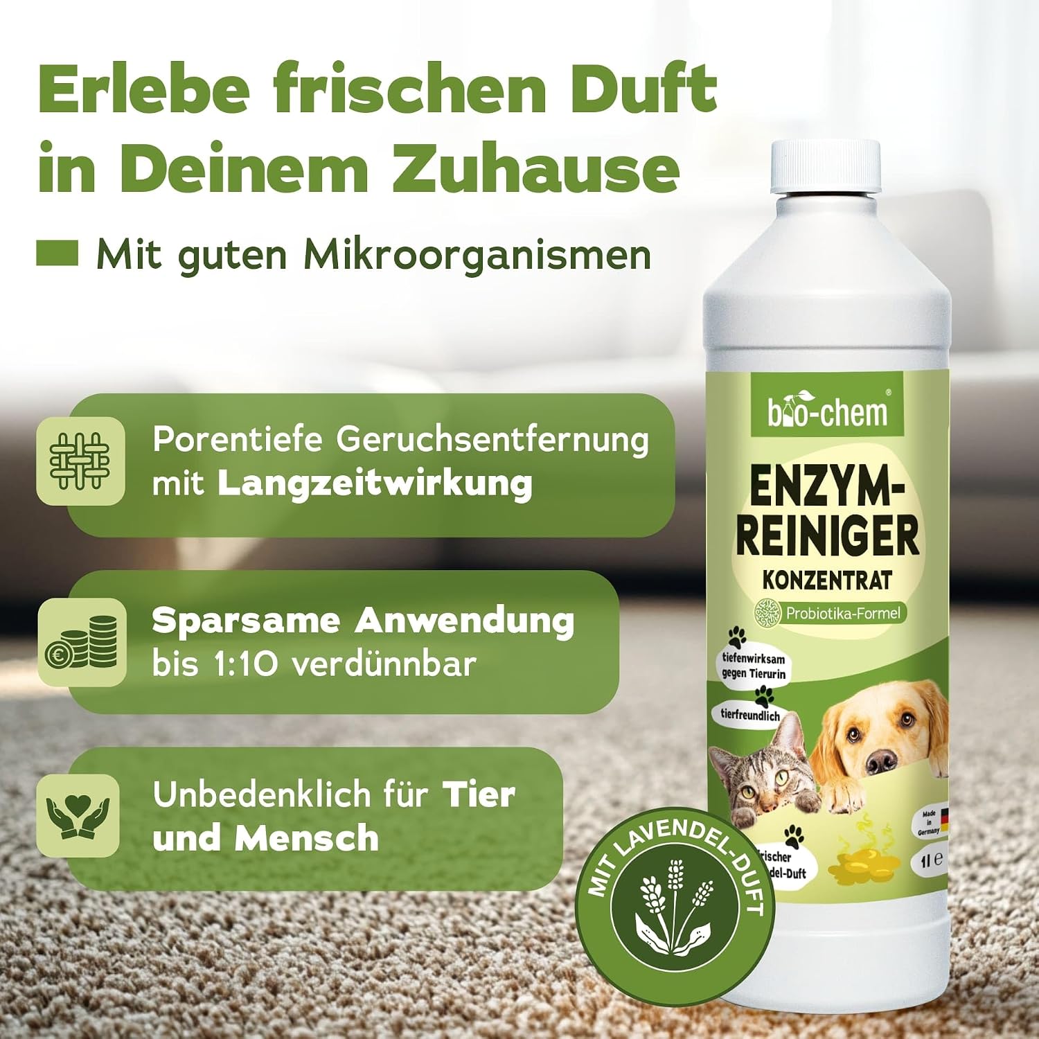 Thumbnail 1 de bio-chem Enzymreiniger Konzentrat 1L gegen Tiergeruch – Mikrobiologischer Geruchsneutralisierer mit Lavendelduft