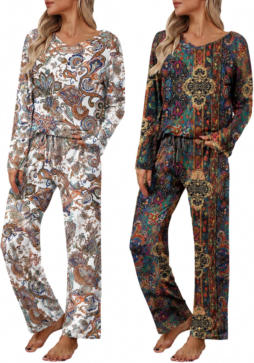 Detalle de Ekouaer 2-Pack Women's Long-Sleeve V-Neck Pajama Sets with Pockets