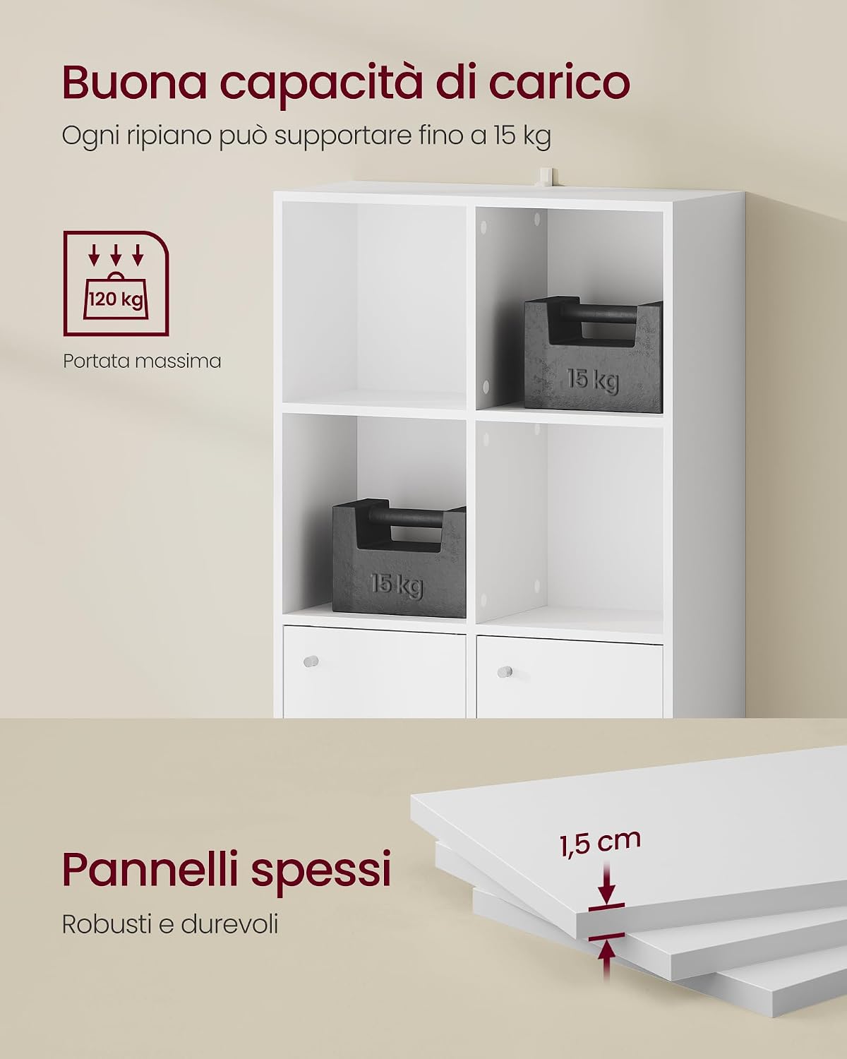 Thumbnail 6 de VASAGLE Libreria LBC506WB01: Scaffale a 3 Ripiani in Bianco Nuvola con Ante, 29 x 65,8 x 97,8 cm