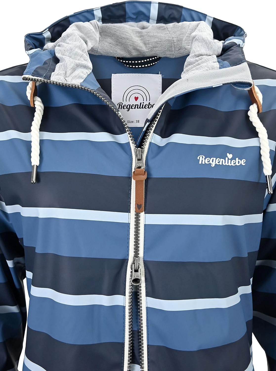 Detalle de Regenliebe Damen Regenmantel Friesennerz gestreift 624 – wasserdichter Regenponcho mit Kapuze und tailliertem Schnitt