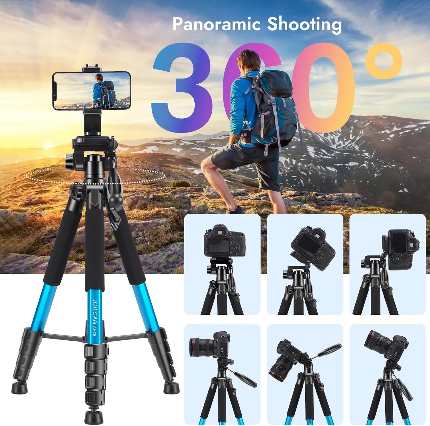 Detalle de JOILCAN 74" Camera Tripod with Detachable Head and Universal Phone Mount – Lightweight Aluminium, Blue