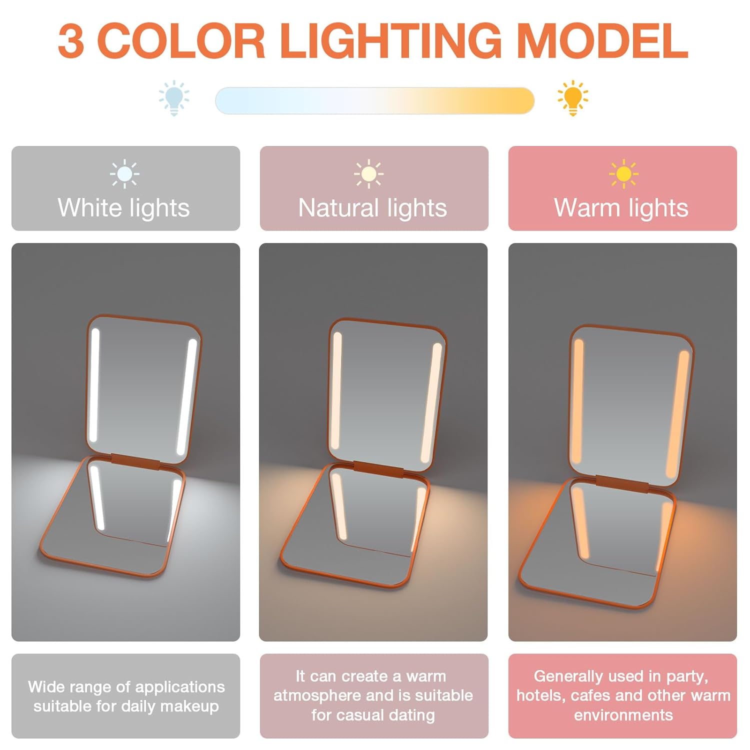 Thumbnail 6 de Kintion Rechargeable Pocket Mirror (Double-Sided 1X/3X) with 3 Color Lights, Dimmable—Orange