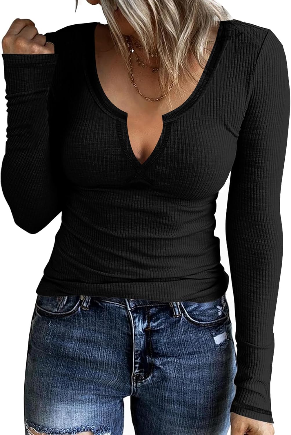 Detalle de TrendiMax Womens Long Sleeve Notch V Neck T Shirt
