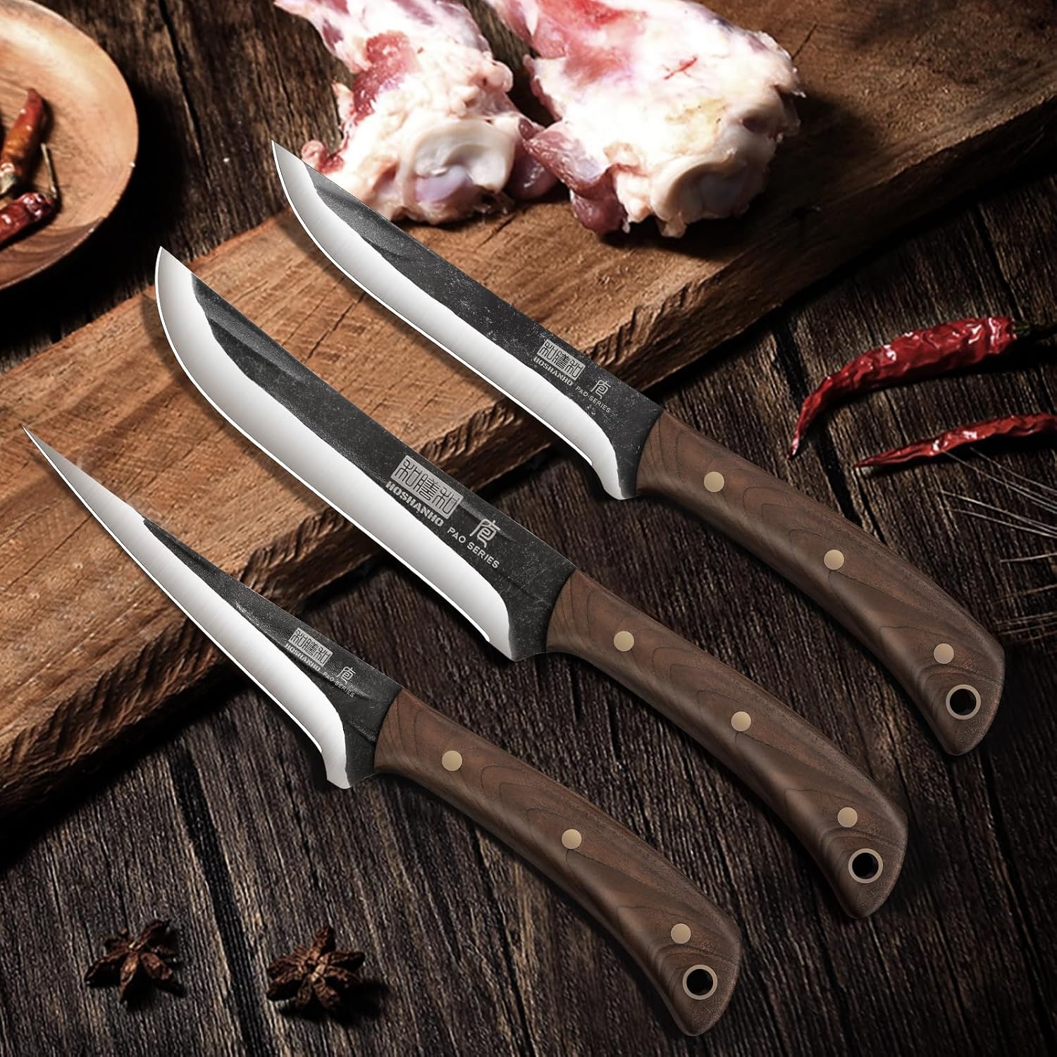 Detalle de HOSHANHO 3 Pieces Butcher Knife Set with High-Carbon Stainless Steel Blades