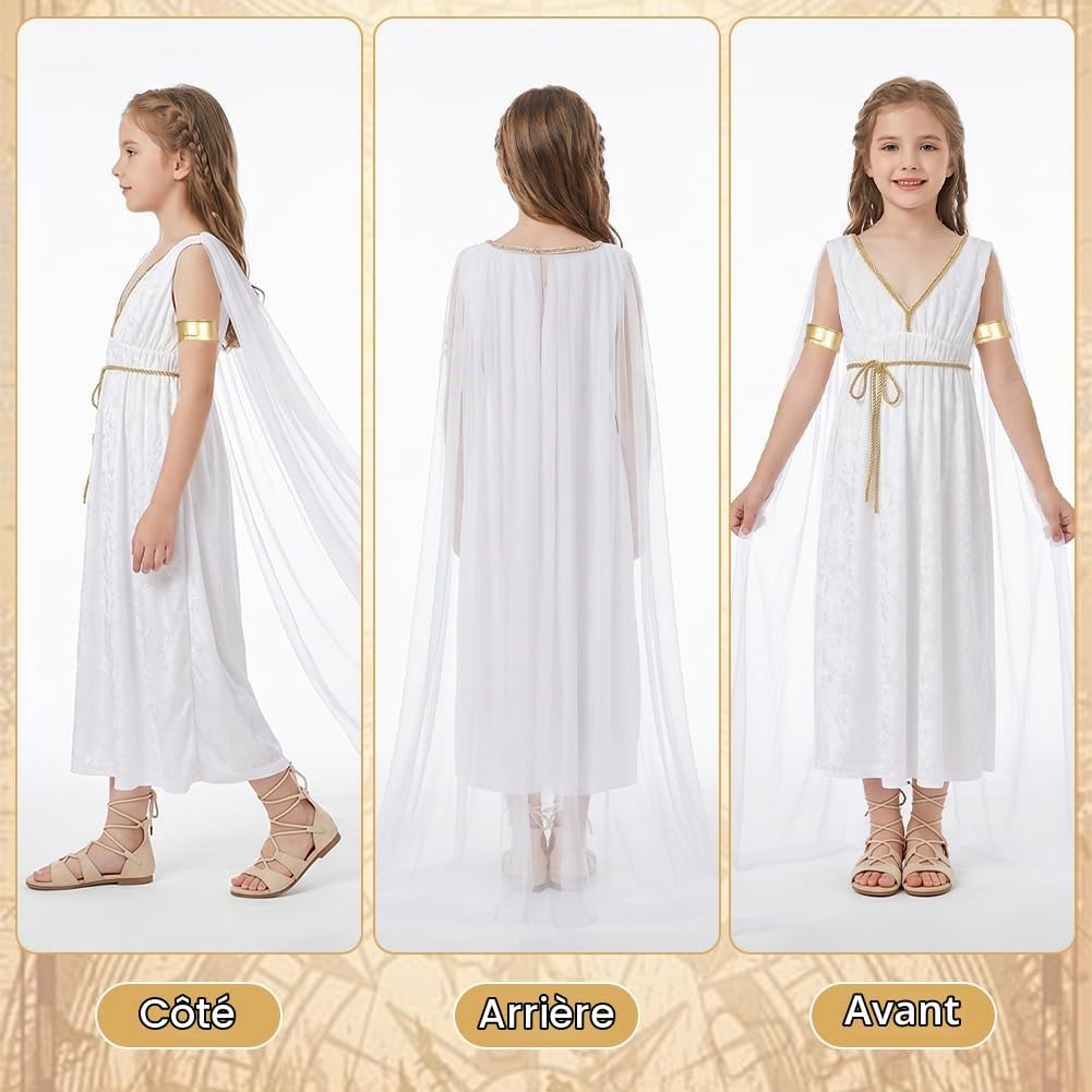 Detalle 2 de Alaoo Griekse godin kostuum voor kinderen, wit polyester met gouden details