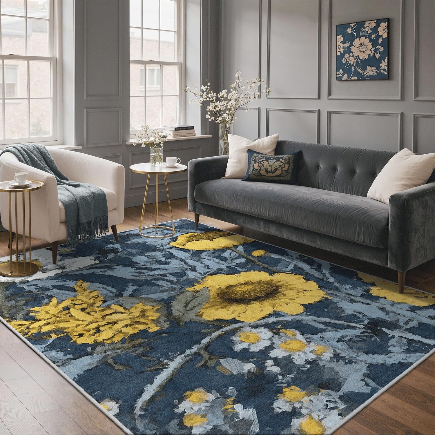 Detalle 2 de GENIMO 5 x 8 Rug: Washable Navy and Yellow Floral Indoor-Outdoor Area Rug