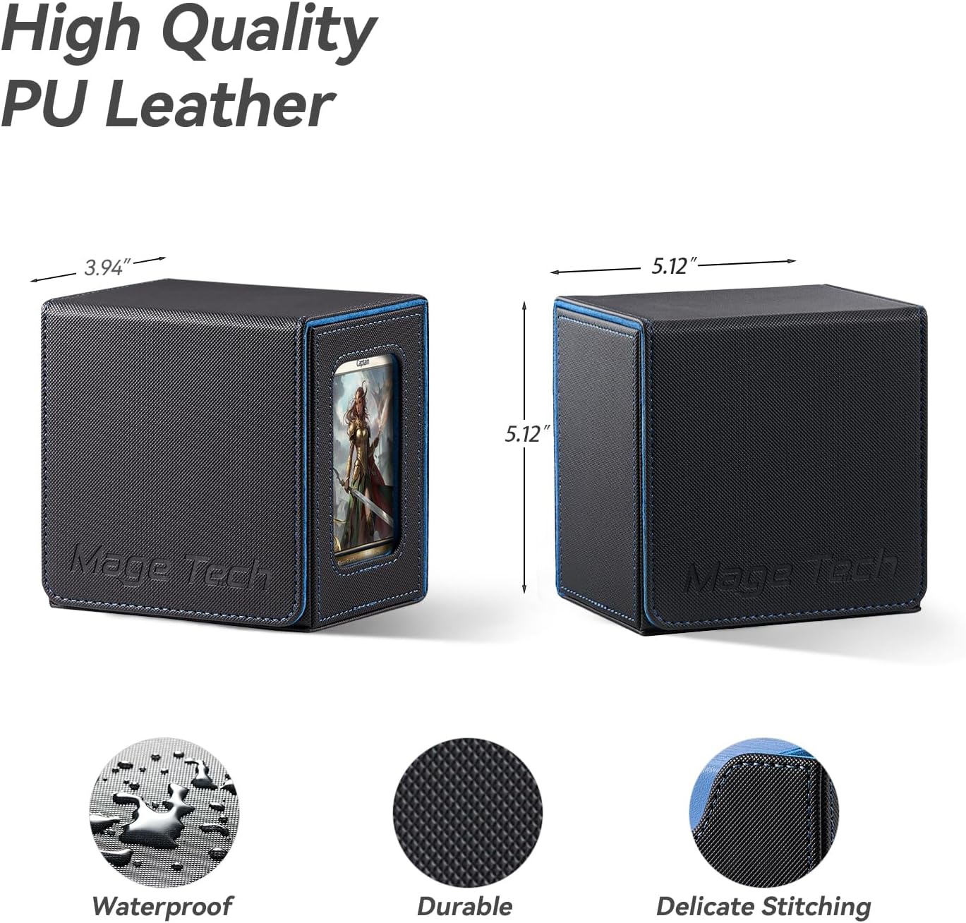 Thumbnail 4 de Mage Tech Commander Deck Box with 35pt Holder, Brick & Dice Tray (Black/Blue) — Fits 100 Double-Sleeved MTG Cards