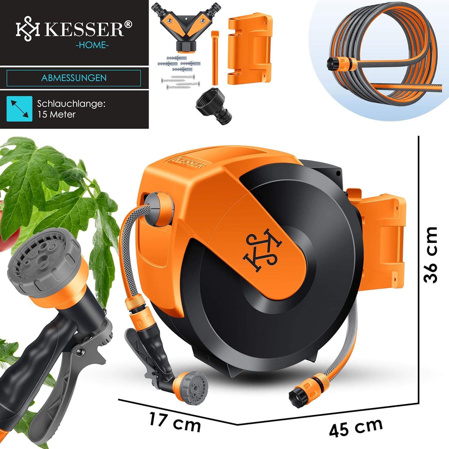 Thumbnail 6 de KESSER® Schlauchtrommel 30 m mit Wandmontage – automatisches Zurückziehen, 180° Schwenkbar und 7‑fach verstellbare Handbrause