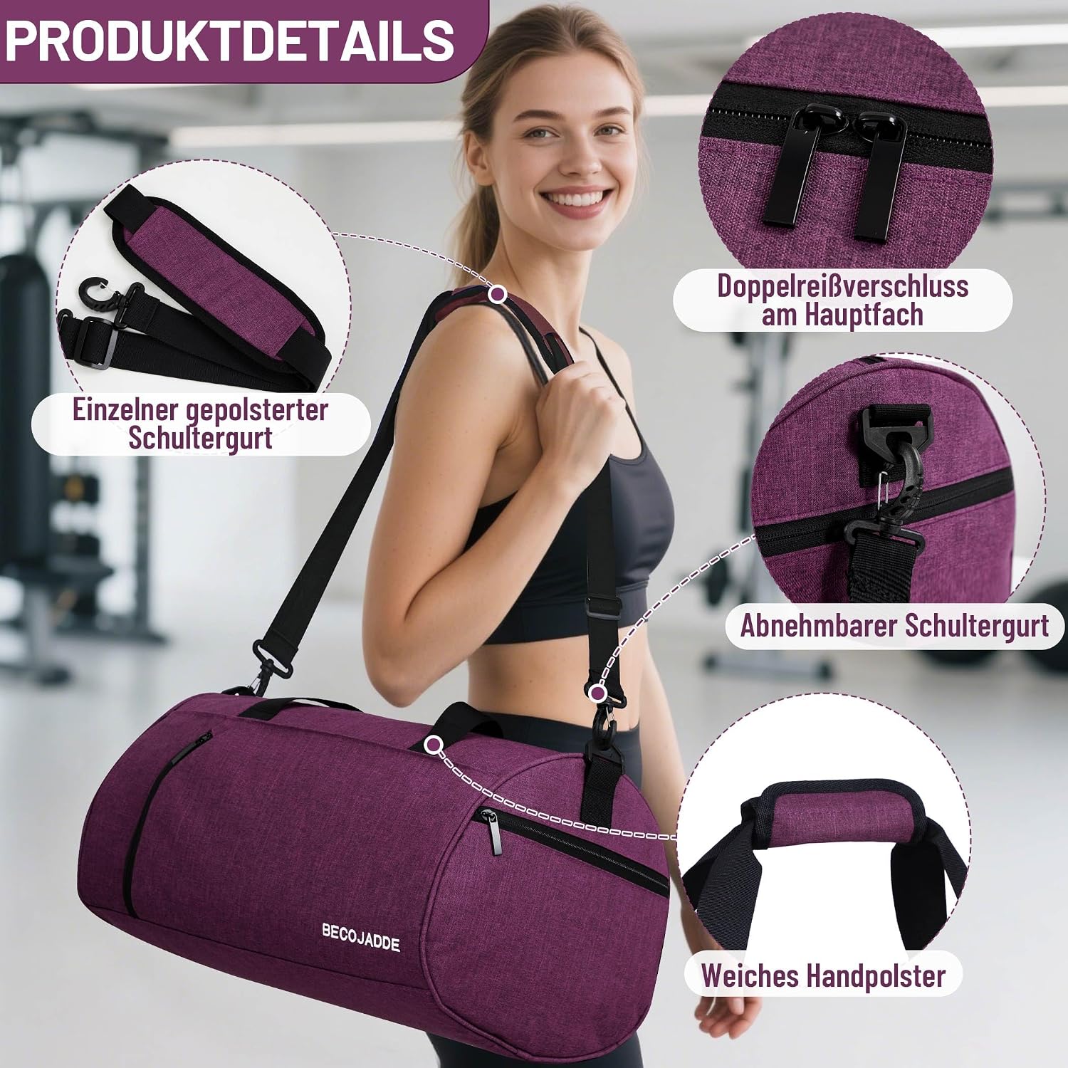 Detalle de BECOJADDE 35L Sporttasche Damen & Herren – multifunktionale Reisetasche mit Schuhfach & Nassfach, wasserdichtes Handgepäck-Upgrade in Lila