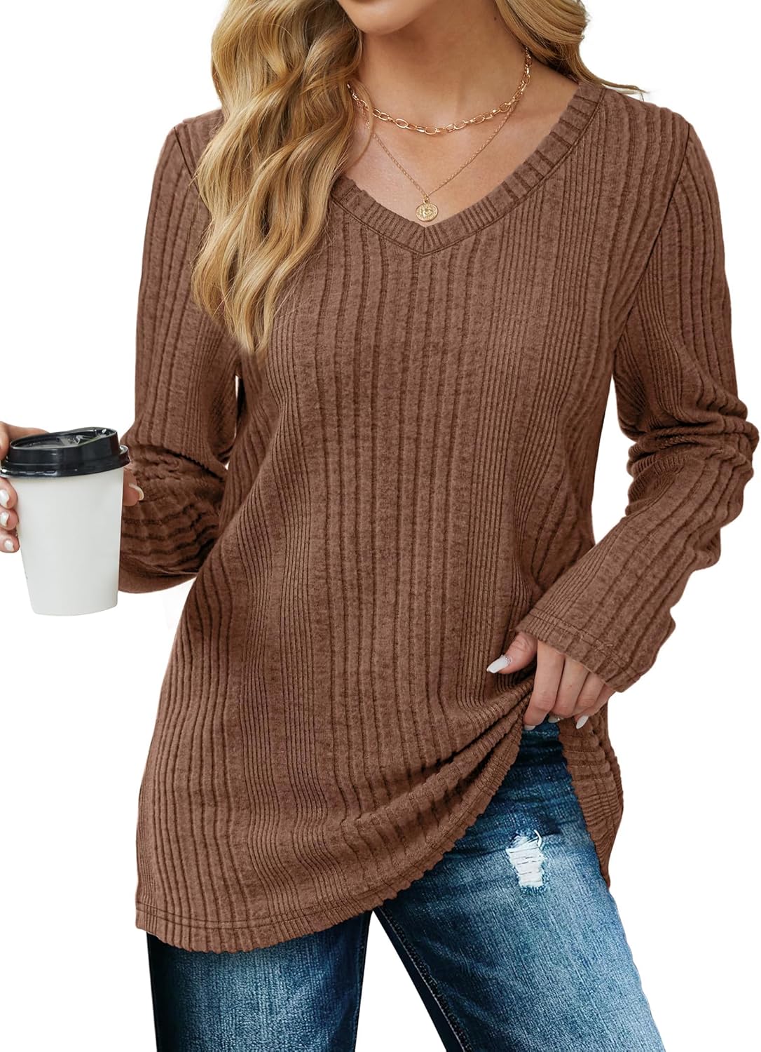 Thumbnail 1 de GLEENOD Pullover Damen V-Ausschnitt Langarm Sweatshirt – Leichtes, einfarbiges Oberteil für Herbst/W Winter