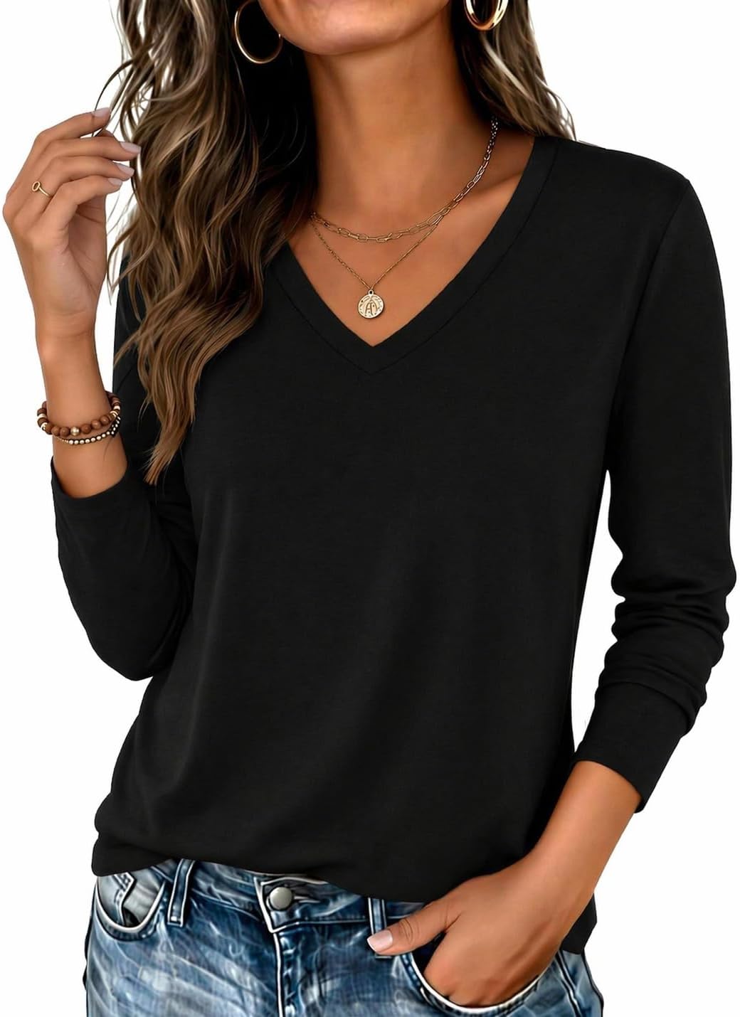 Detalle de Zeagoo Womens Long Sleeve V-Neck Basic Tee Tops: Dressy Casual Work Blouses for All Seasons