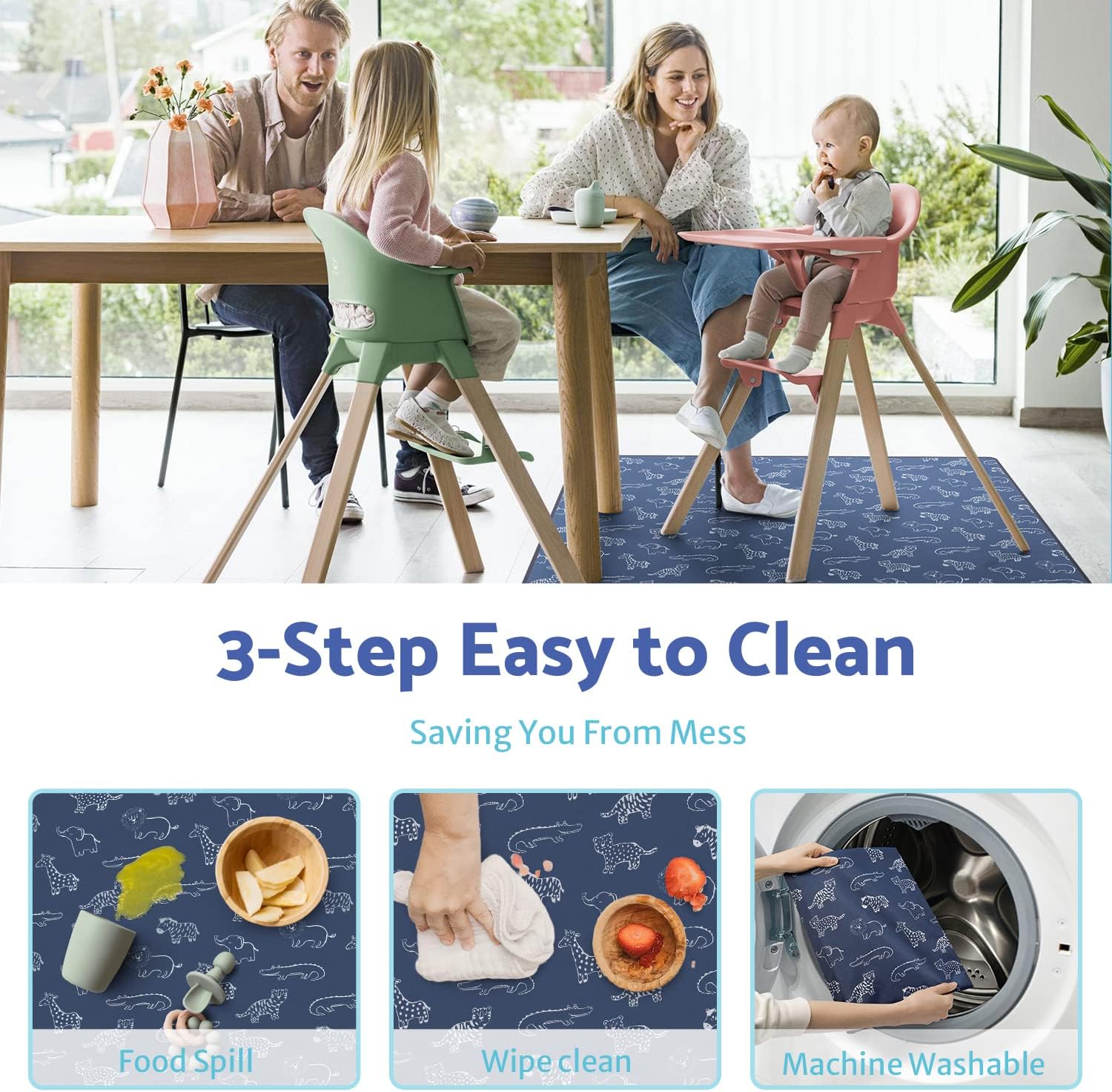 Detalle de Blissful Diary Safari Baby Splat Mat for Under High Chair (128 x 128 cm) – Waterproof, Anti-Slip and Washable