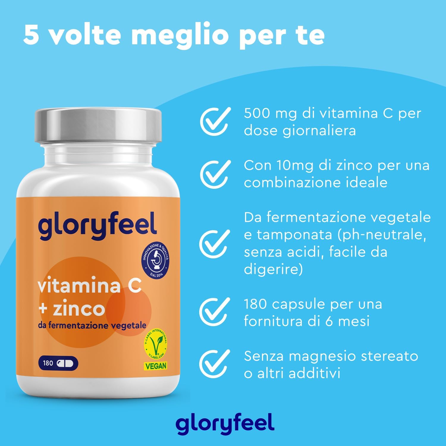 Thumbnail 1 de Gloryfeel Vitamina C 180 Capsule, 500 mg + Zinco 10 mg — integratore difese immunitarie vegan