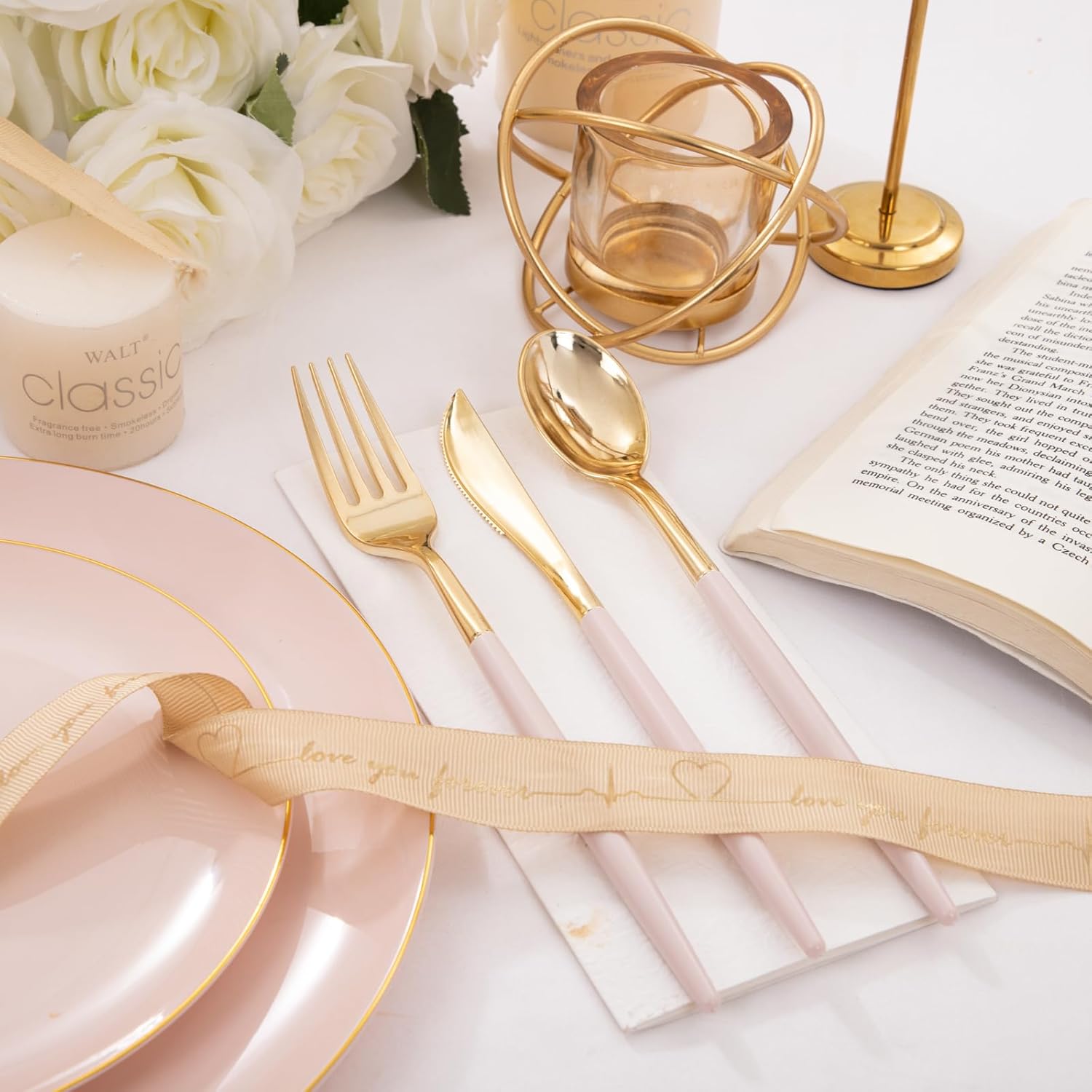 Thumbnail 4 de I00000 300 Pack Gold Silverware with Pink Handle – Pink Plastic Utensils Set (100 forks, 100 knives, 100 spoons)