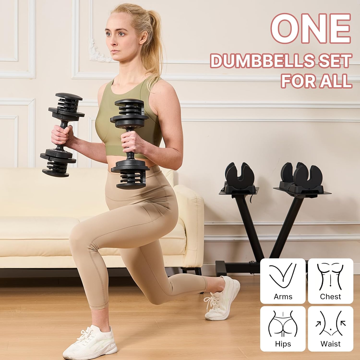 Detalle de EnterSports Adjustable Dumbbell Stand with Wheels, 220 lb Capacity, 5–90 lb Fit