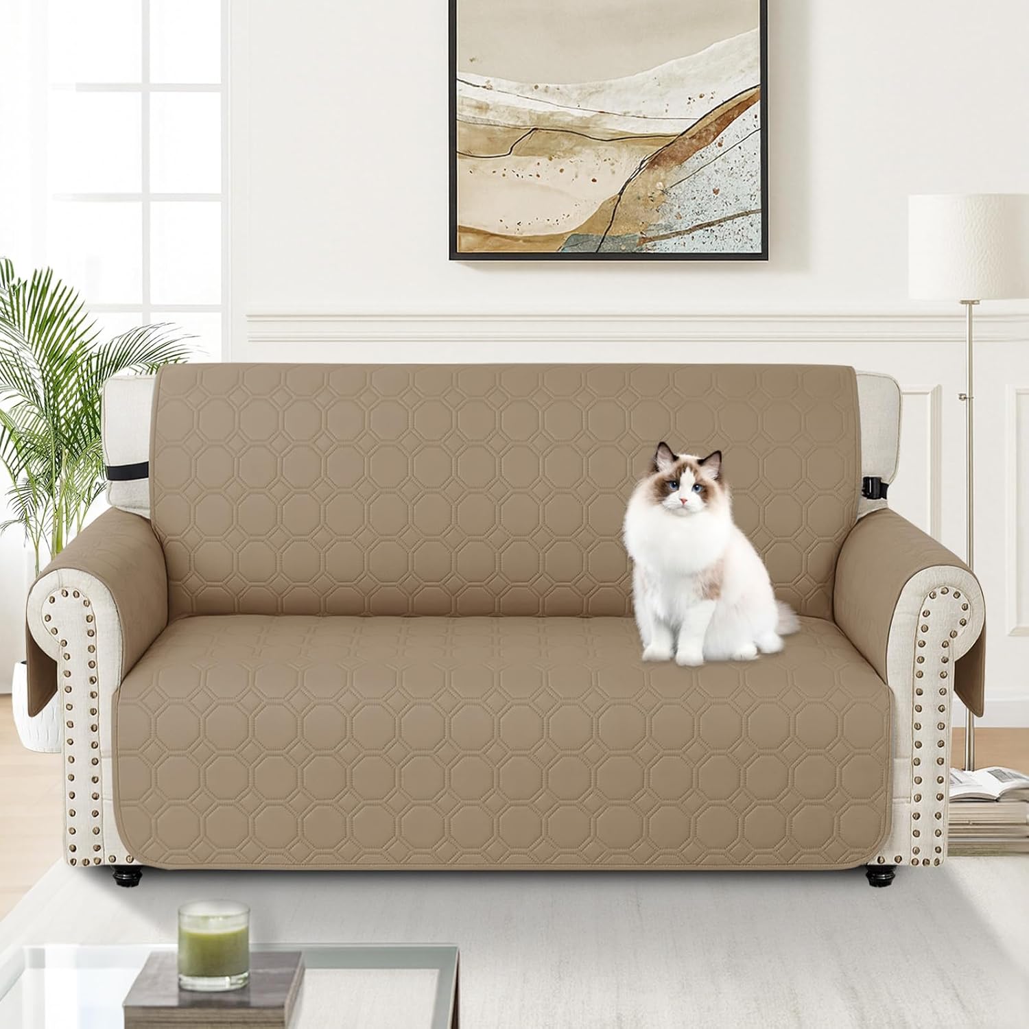 Thumbnail 1 de Ystyle Housse de canapé imperméable 2 places avec accoudoirs, kaki – protection antidérapante et poches latérales