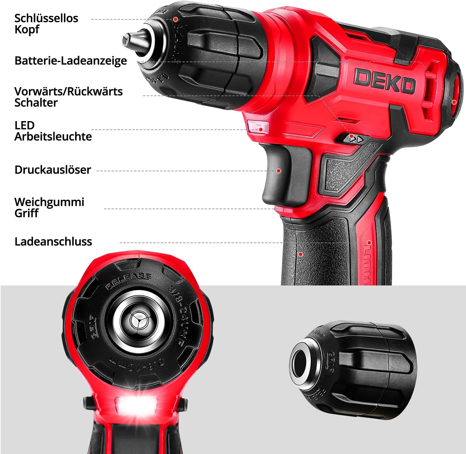 Detalle 2 de DEKO Werkzeugkoffer-Set mit Akkuschrauber (8V) und LED – bestückt, 126-teilig