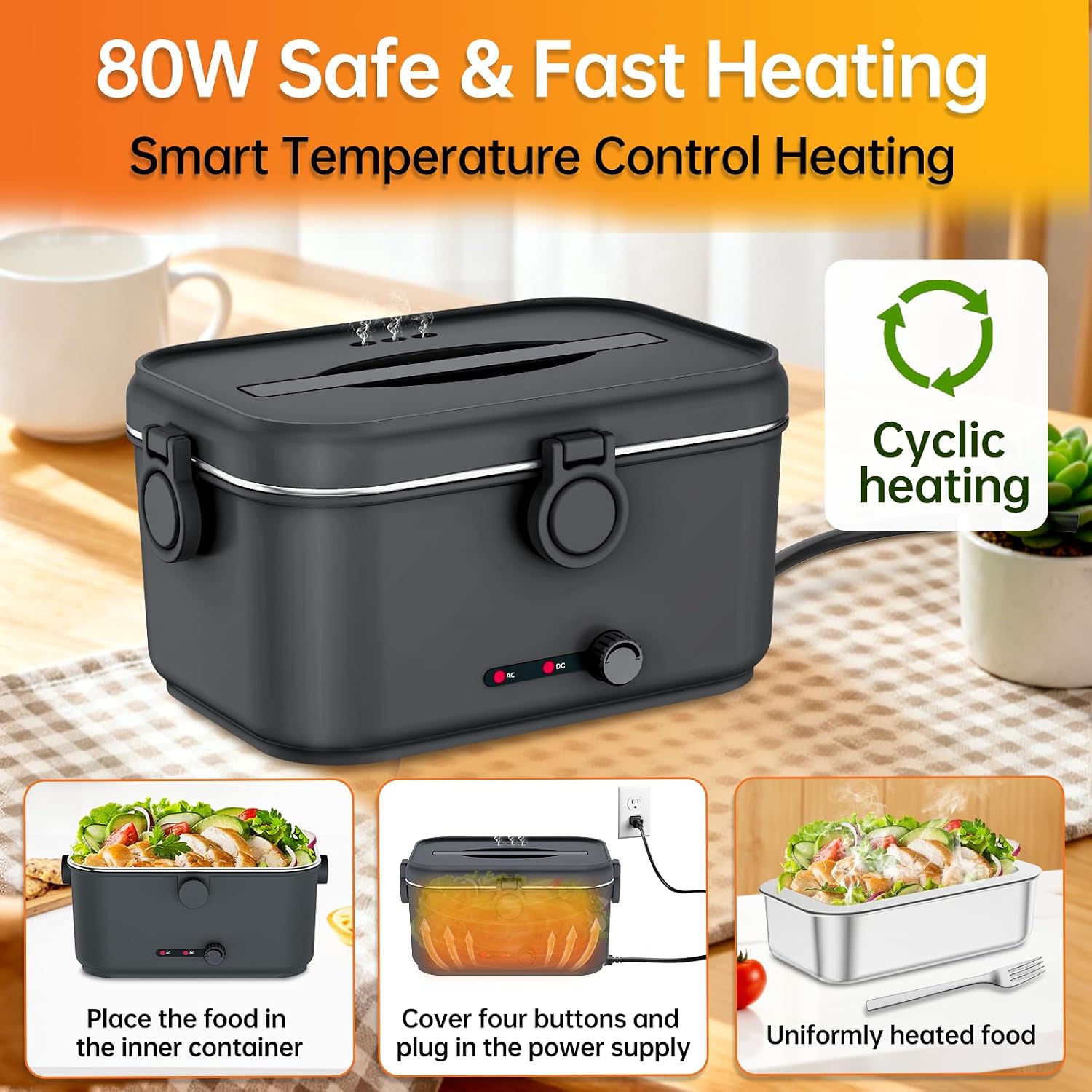 Detalle 2 de Mangoin Heated Electric Lunch Box for Adults, 80W Portable Food Warmer (1.8L Stainless Steel) with Car/Home Flexibility