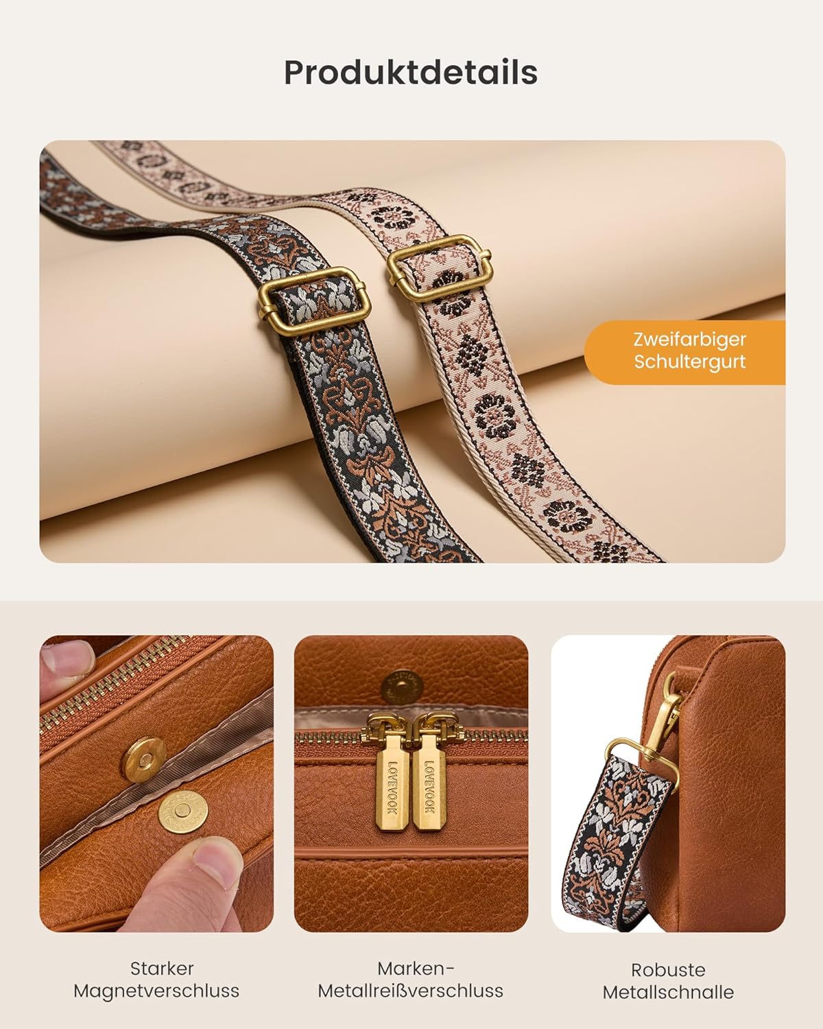 Thumbnail 4 de LOVEVOOK Umhängetasche Damen – kleine Crossbody Bag mit RFID-Schutz, 3 Fächer und 2 Wechselriemen (hellbraun)