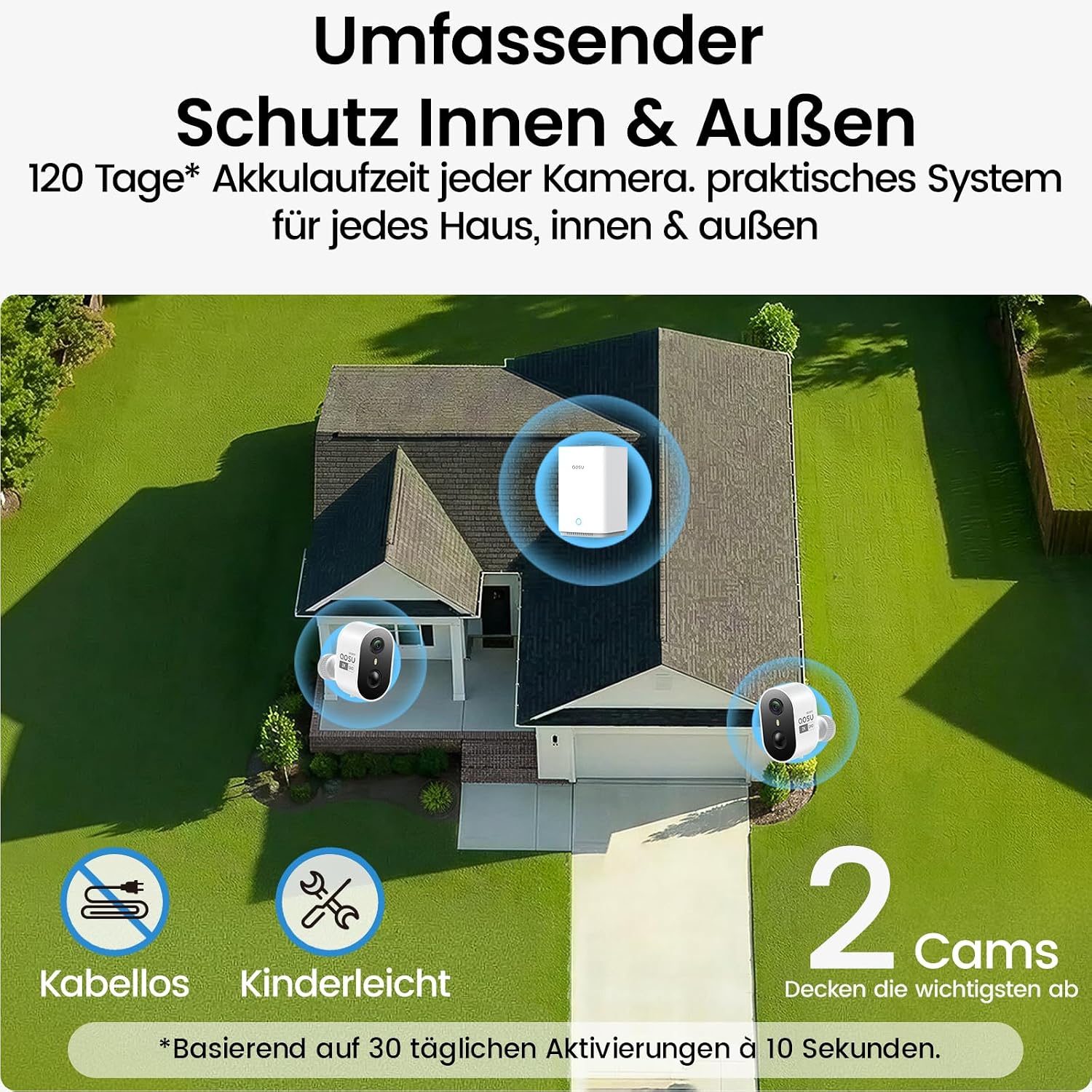 Detalle de aosu 2K Überwachungskamera Außen Akku 2er-Kit mit Aosubase 2.0 – kabellos, 32 GB lokal Speicher, PIR Bewegungserkennung