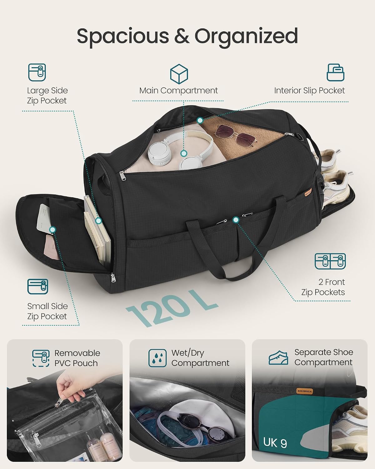 Thumbnail 2 de SONGMICS RBF120B101 Foldable Travel Holdall, 120L with Shoe Compartment