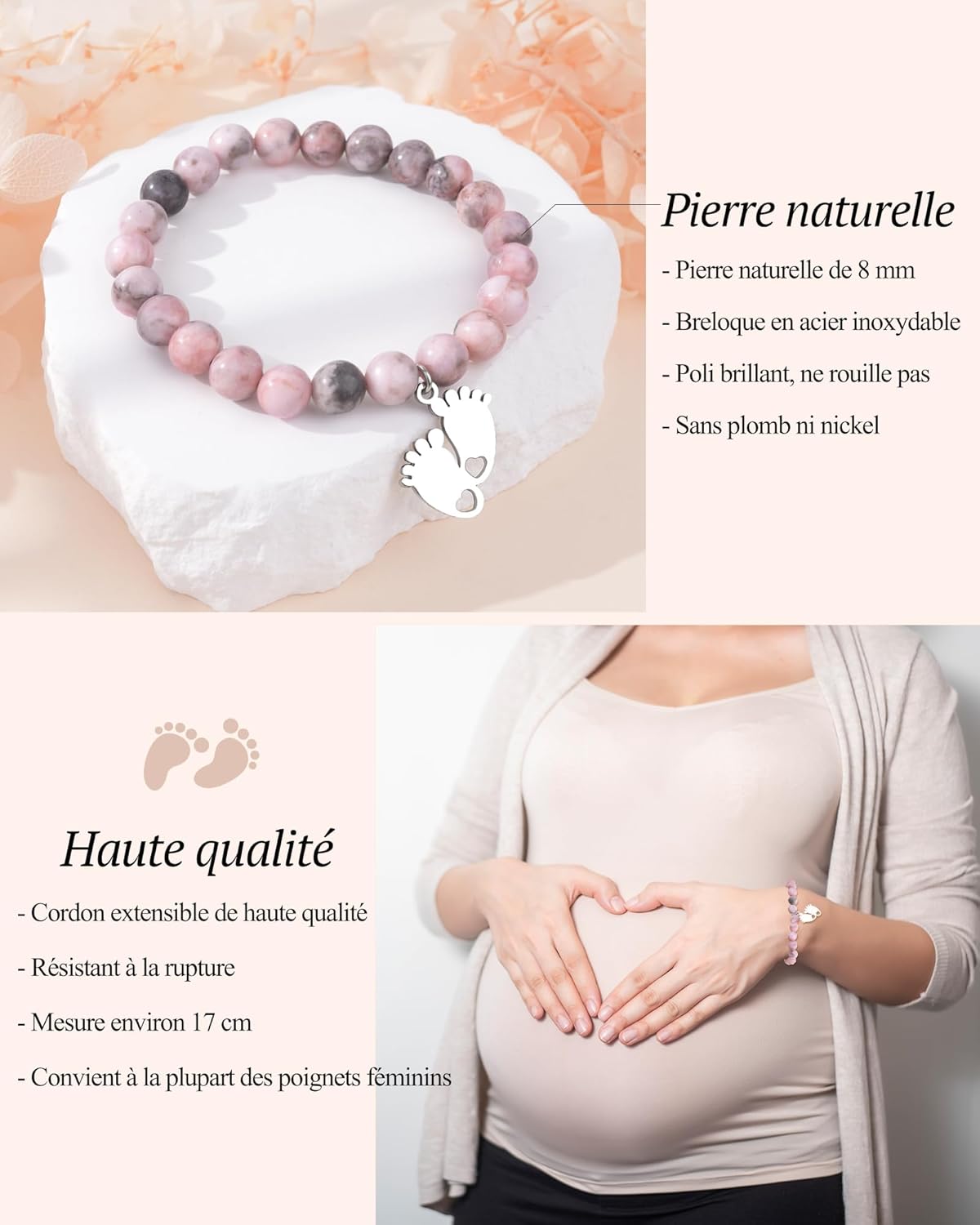Thumbnail 4 de Bracelet CheersLife pour Femme – Pierre naturelle 8 mm, cadeau original pour future maman et toutes les occasions