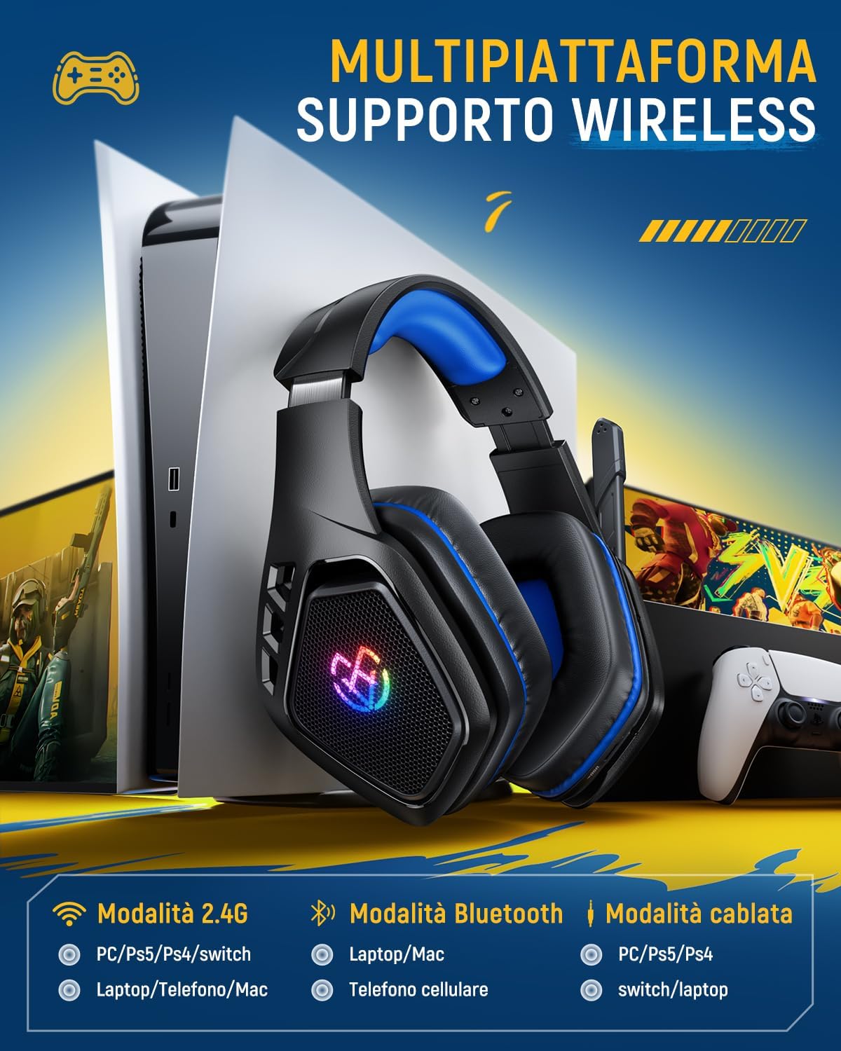 Thumbnail 6 de Tatybo Cuffie Gaming Wireless per PS5/PS4: 2.4 GHz, USB-A/USB-C e 40 ore di autonomia