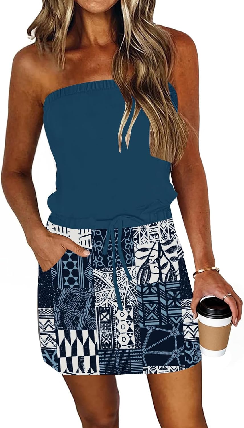 Detalle de Women’s Strapless Summer Dress Boho Beach Cover-Up Mini Dress with Drawstring Waist & Pockets