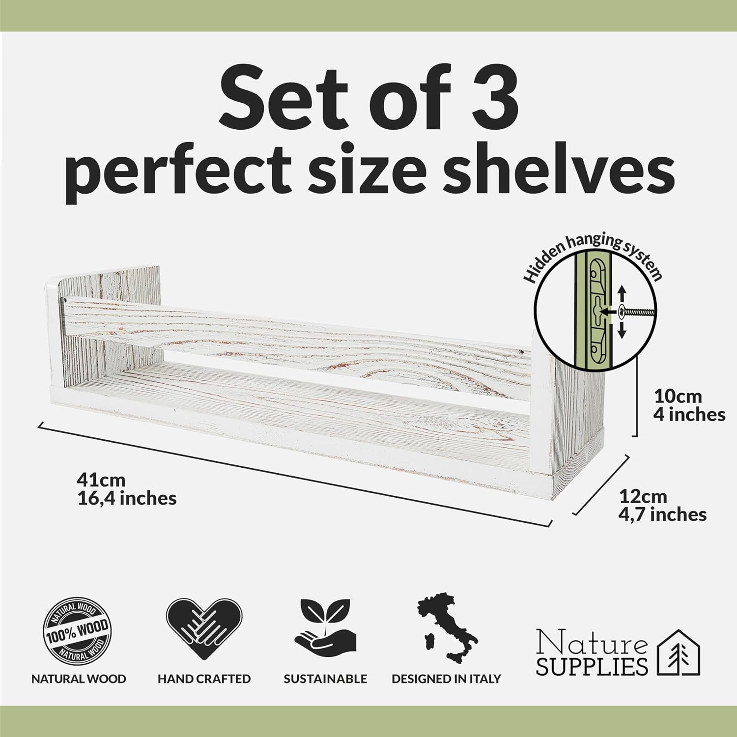 Detalle de NATURE SUPPLIES Estantes flotantes de madera blanca, 3 unidades