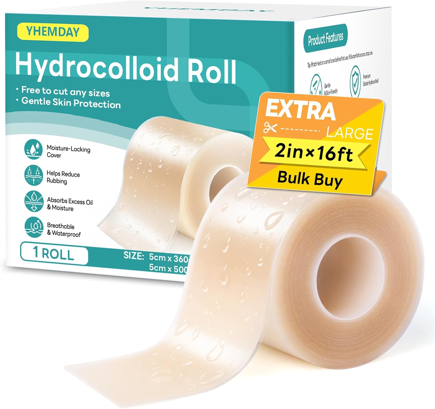 Detalle de Yhemday Hydrocolloid Roll Bandages, 2 in x 16 ft, Cut-to-Size and Waterproof