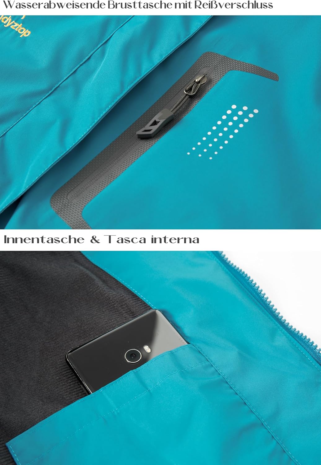 Detalle de DCmount Regenjacke Damen – wasserdichte Übergangsjacke mit Kapuze und softshelligem Tragegefühl