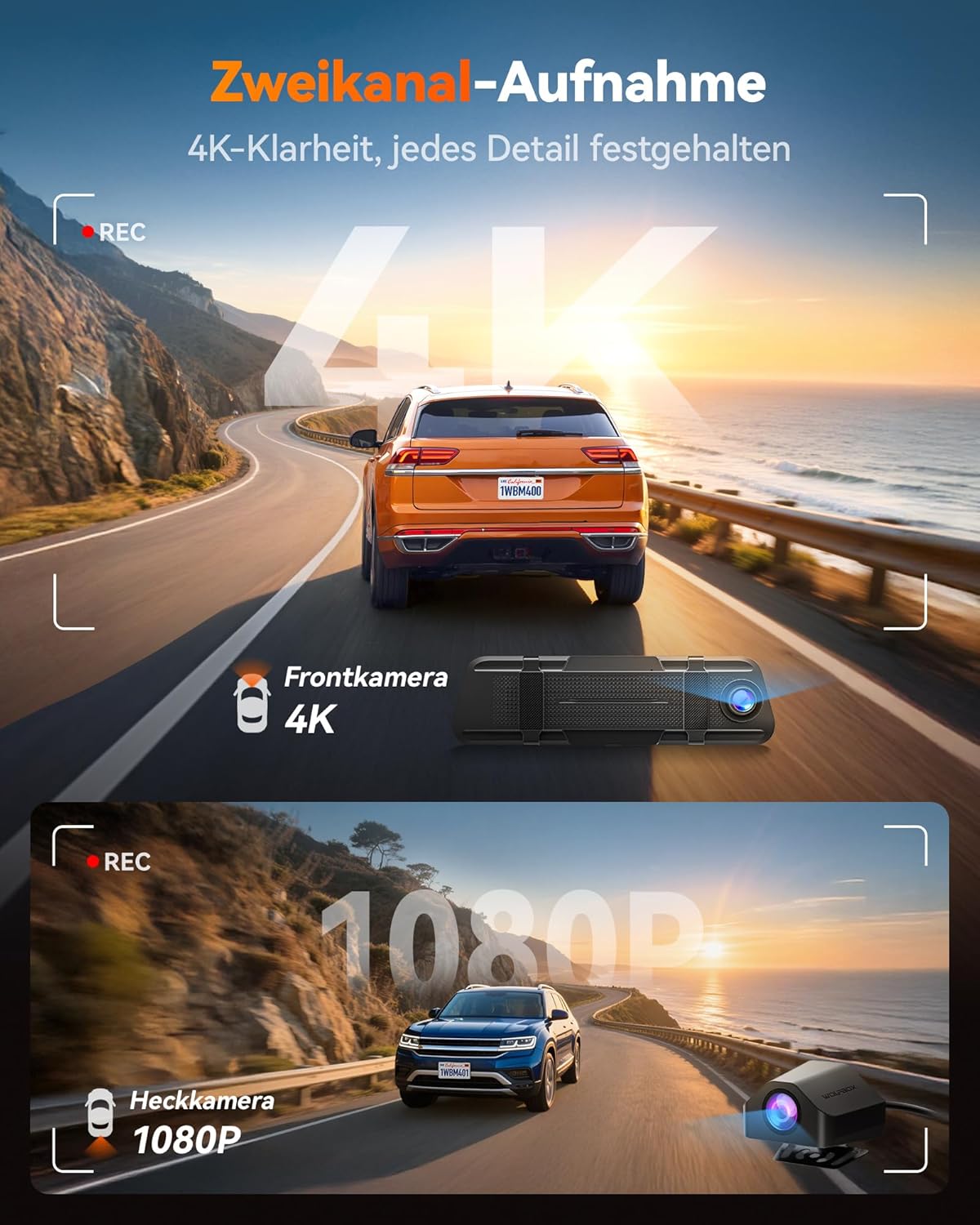 Thumbnail 1 de WOLFBOX M40 10" Rückfahrkamera-Spiegel mit 4K-Vorderkamera, 1080P-Rückkamera, ADAS/BSD, Sprachsteuerung, Wi‑Fi & GPS