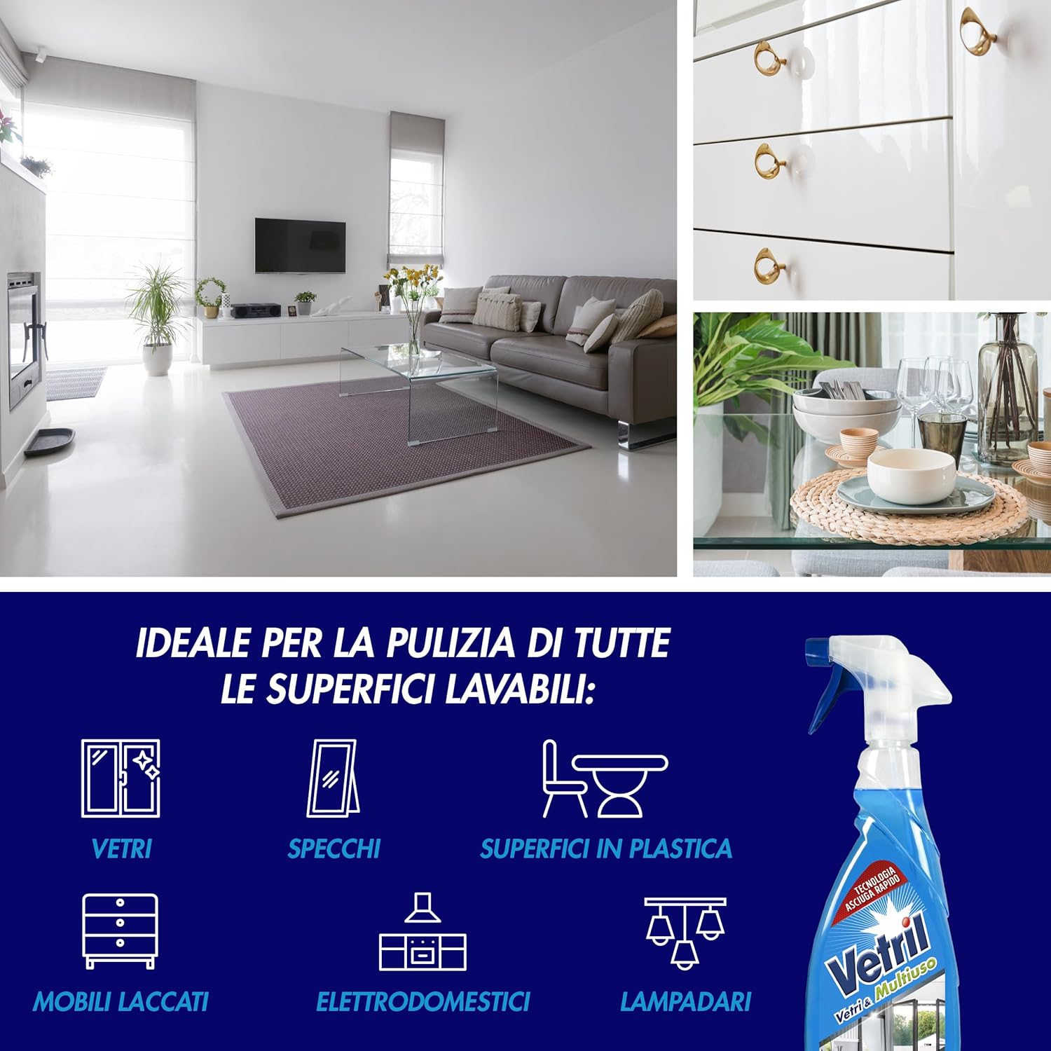 Detalle de Vetril Ammoniaca Spray 650 ml x 4 — Vetri e Superfici, azione sgrassante senza aloni