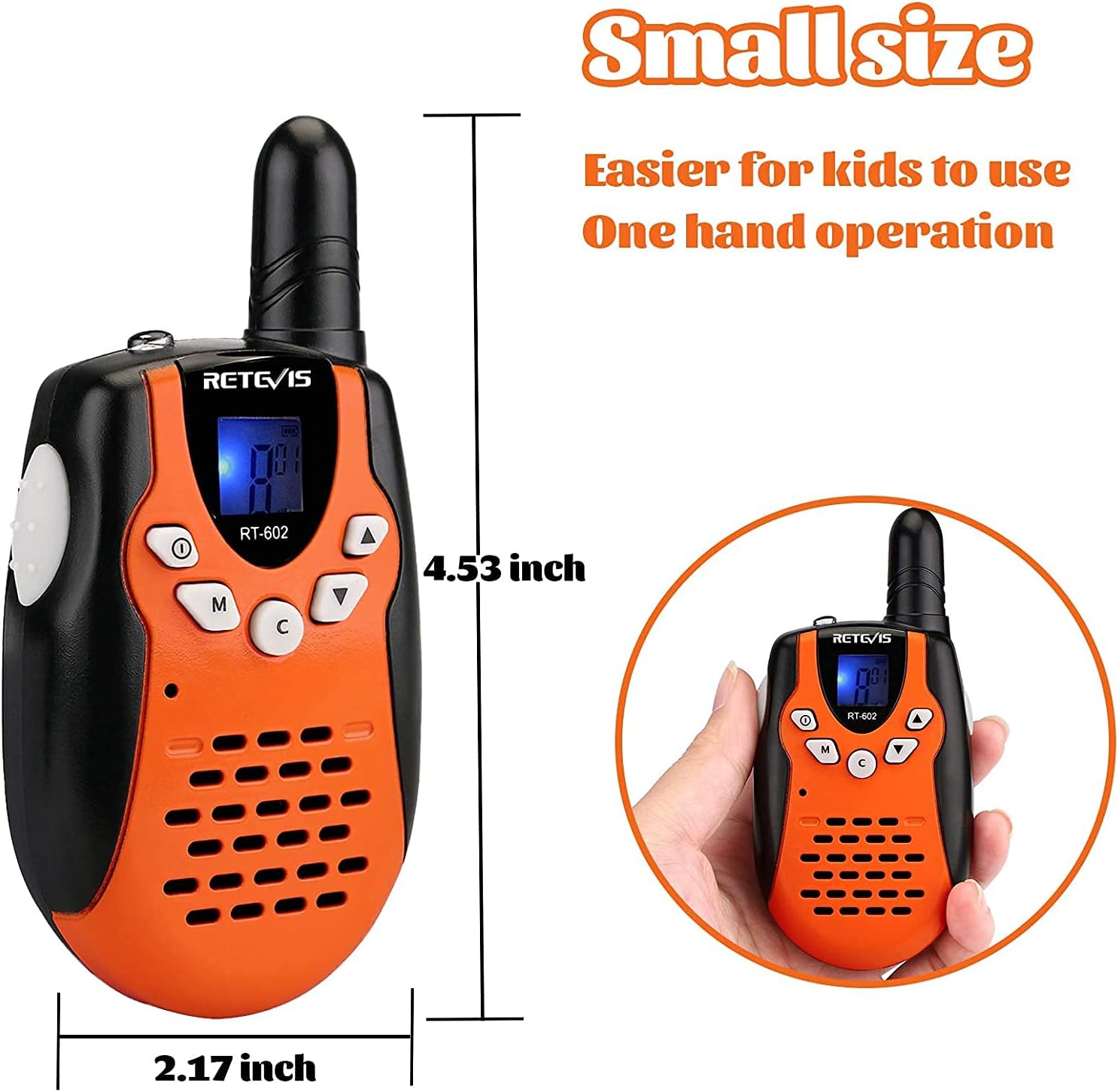 Detalle de Retevis RT602: Walkie Talkie per bambini ricaricabile con torcia, VOX e 8 canali (2 pezzi, arancione)