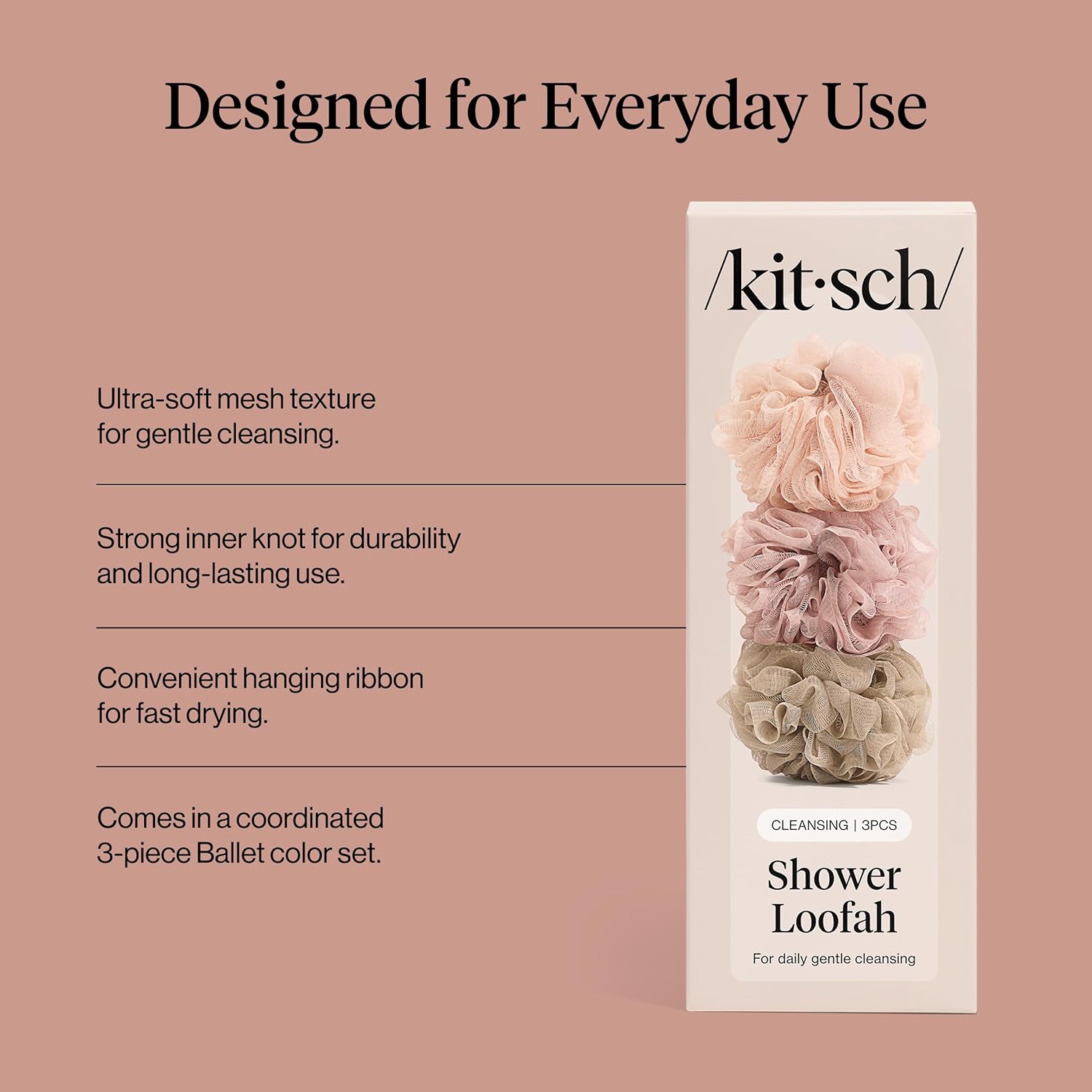 Thumbnail 3 de Kitsch Shower Loofah 3pc Set – Soft Mesh Body Scrubber & Bath Sponge (Ballet)