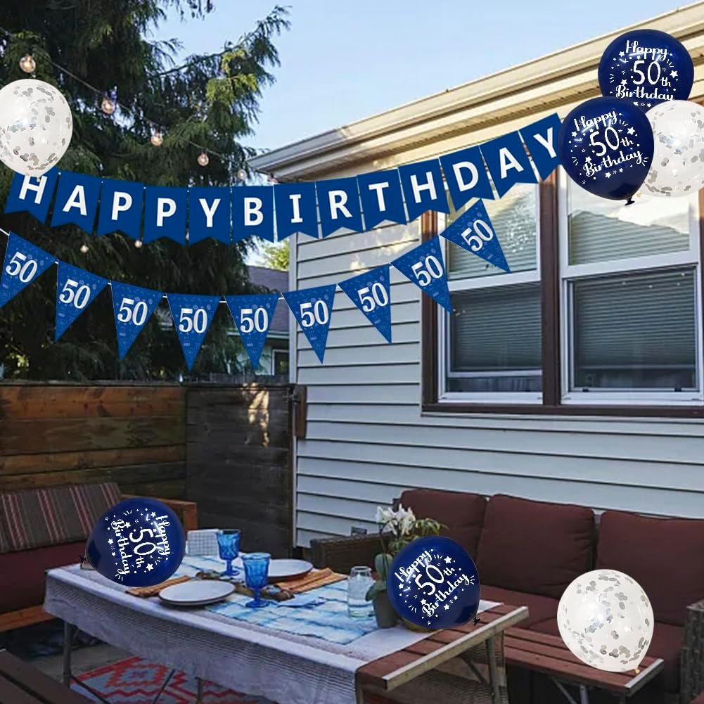Detalle de Happy 50th Birthday Decorations for Him (Blue & Silver) – Banners, bunting, swirls, balloons & confetti set