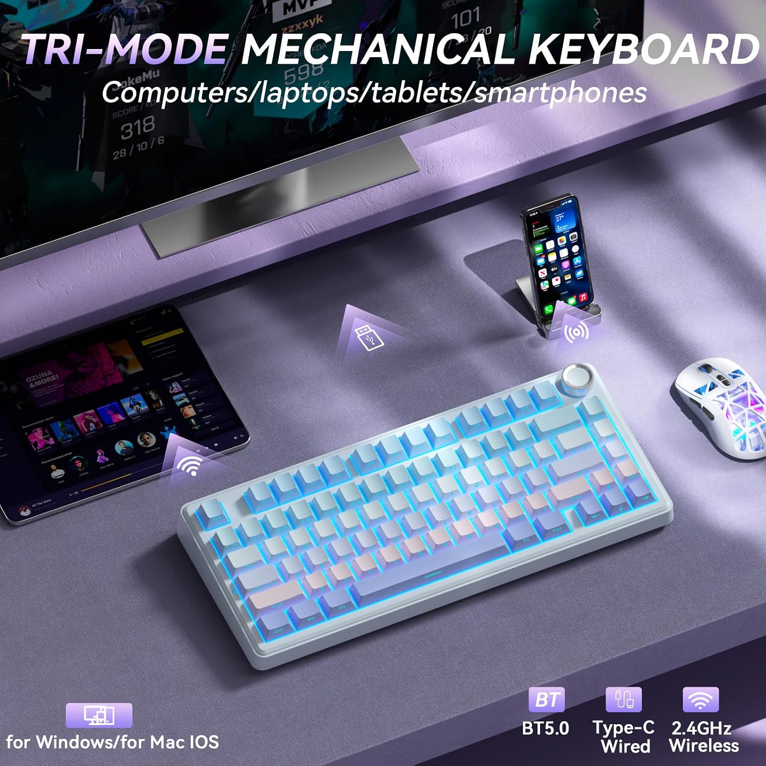 Detalle de SOLAKAKA A75-Gradient-BluePurple 75% Wireless Mechanical Keyboard, RGB, Hot-Swappable